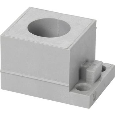 Prostokątny, szary blok ceramiczny z okrągłym otworem u góry i zaciskiem z boku. Używany do mocowania kabli.