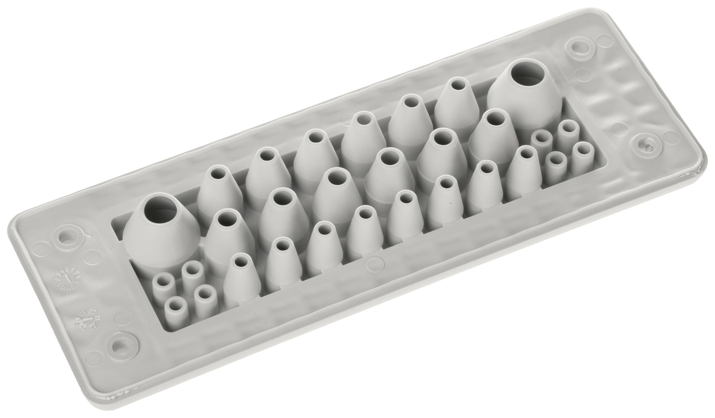 Szara płyta z tworzywa sztucznego z różnymi stożkowymi nasadkami w różnych rozmiarach, prawdopodobnie do sprawdzania gwintów.