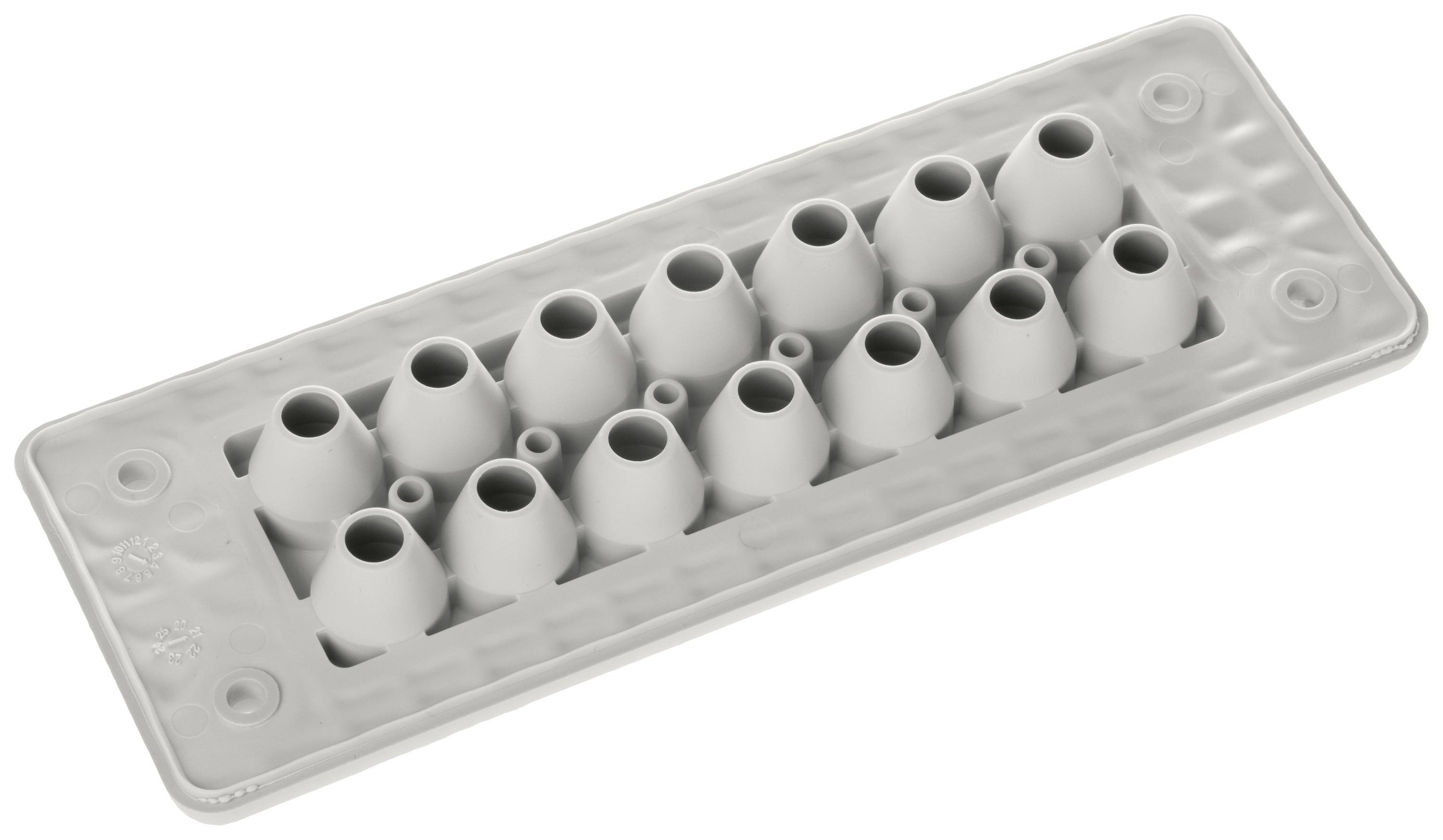 Szare plastikowe tacki z rzędem małych stożkowatych uchwytów, które prawdopodobnie służą do bezpiecznego trzymania przedmiotów.