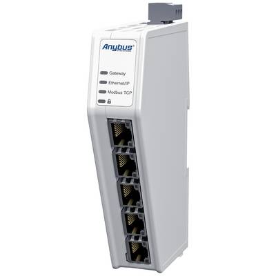 Przemysłowe urządzenie bramowe z pięcioma złączami sieciowymi. Na przedniej części urządzenia znajdują się wskaźniki 'Gateway', 'Ethernet/IP' oraz 'Modbus TCP'.
