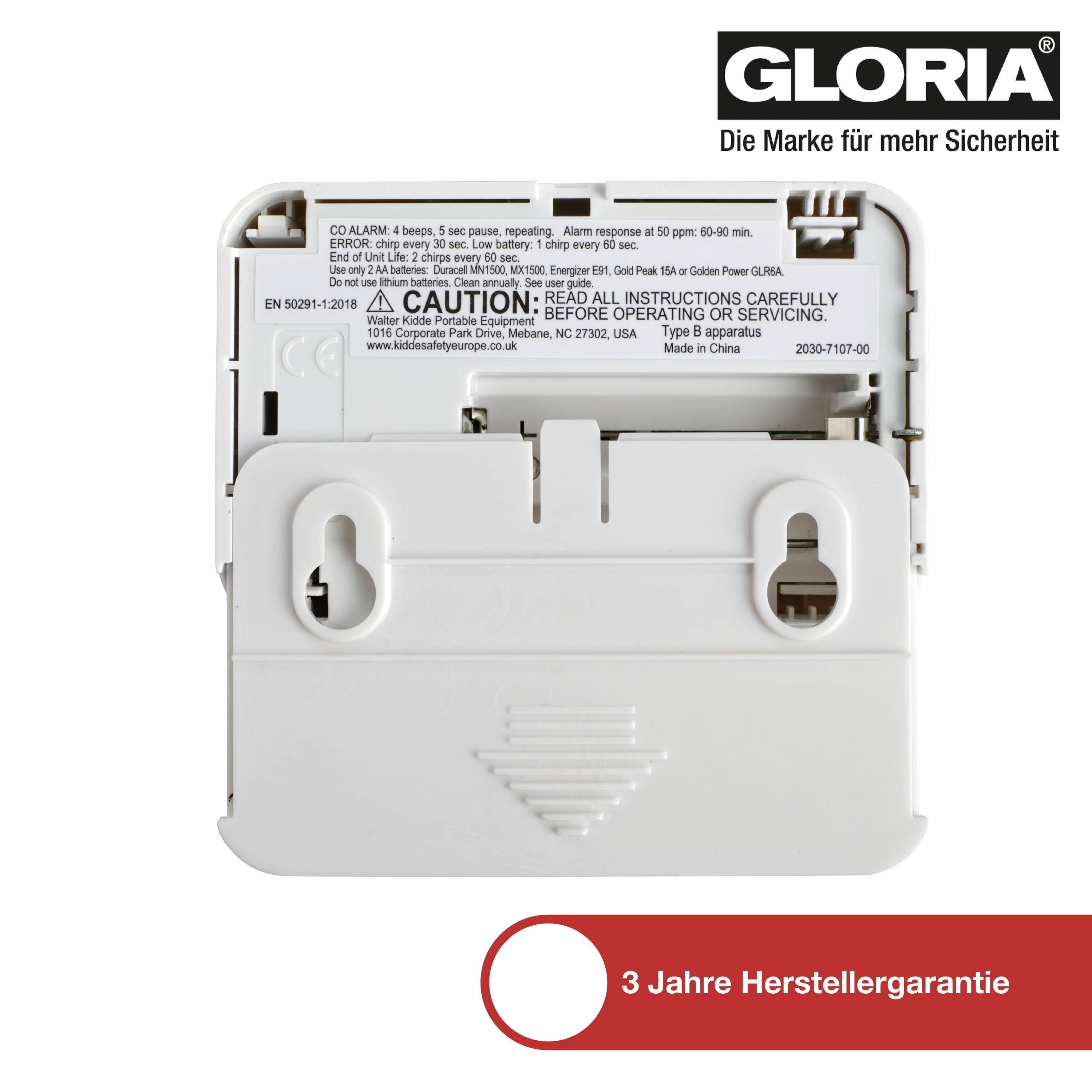 Biały gaśnica Gloria z informacjami dotyczącymi bezpieczeństwa i użytkowania. Tekst w czerwonym obszarze: '3-letnia gwarancja producenta'.