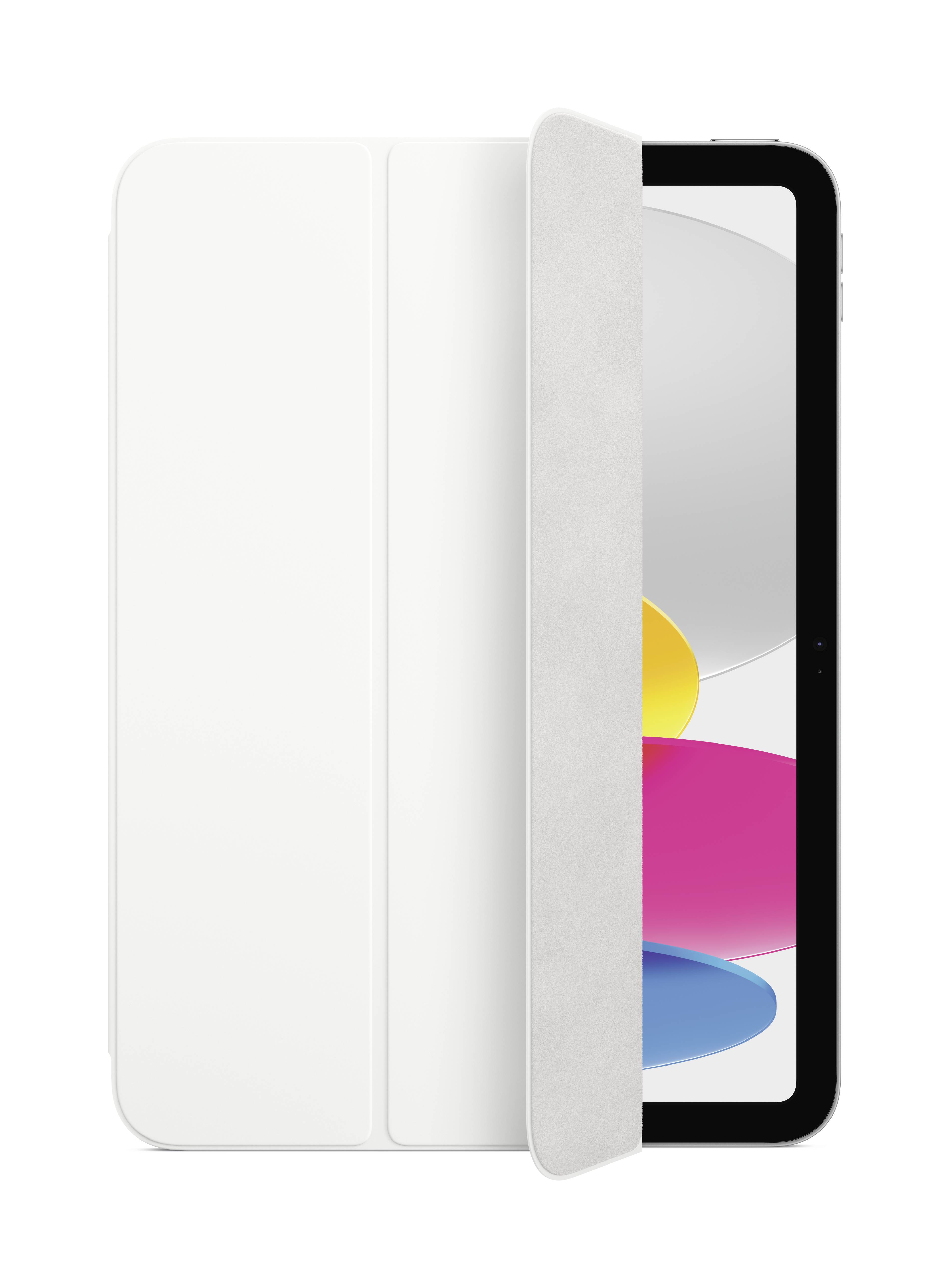 Biały tablet z białą obudową ochronną, częściowo otwarty, prezentuje ekran z kolorowymi, abstrakcyjnymi kształtami.