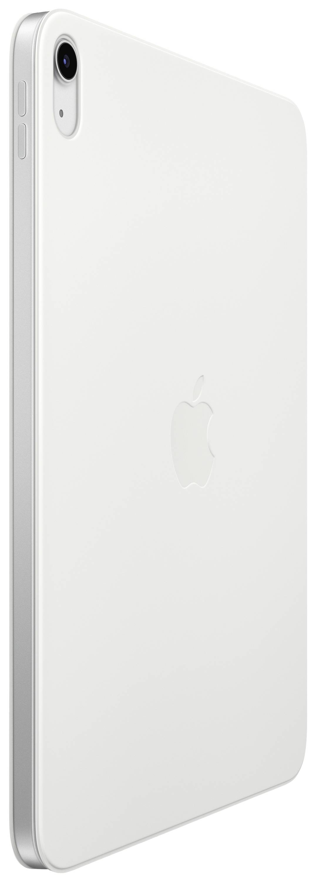 Biały tablet z logo Apple na tylnej obudowie. Prezentuje smukłą, nowoczesną stylistykę urządzenia.