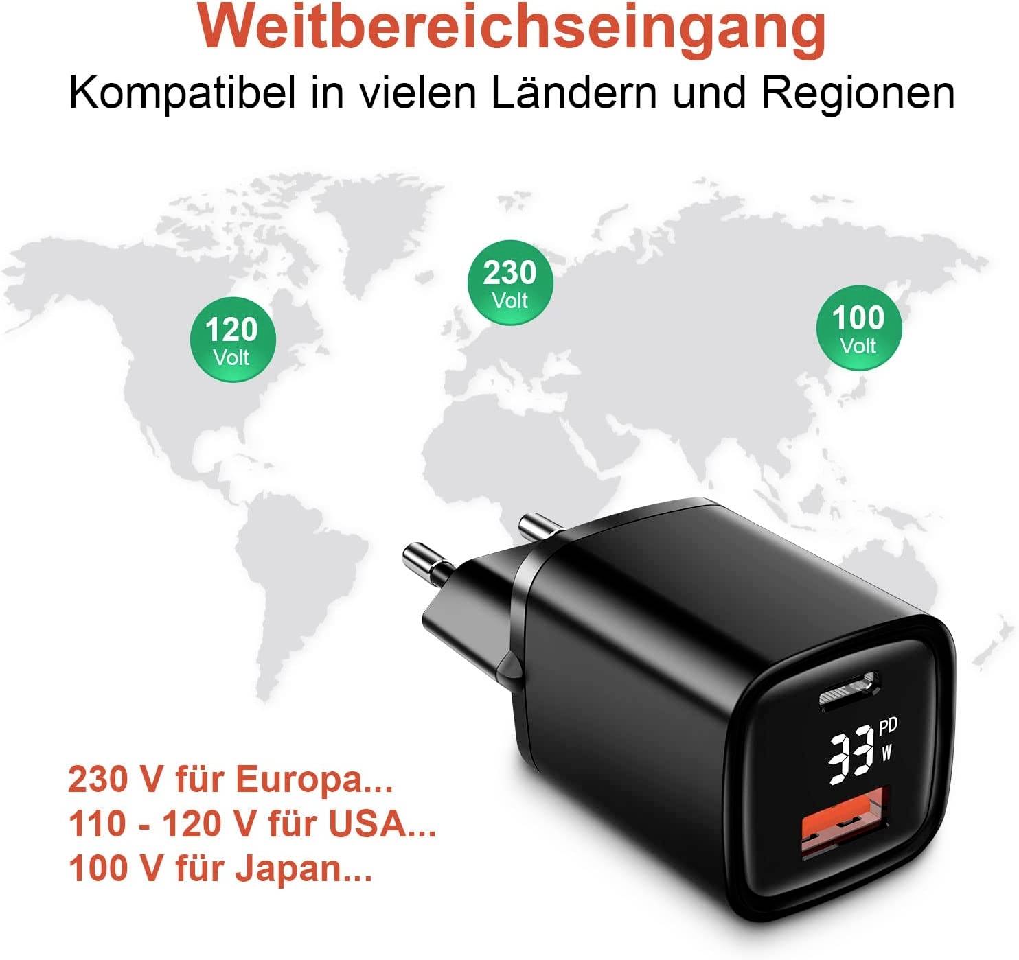 Ilustracja zasilacza sieciowego na tle mapy świata, przedstawiająca napięcia: Europa 230 V, USA 110-120 V, Japonia 100 V.