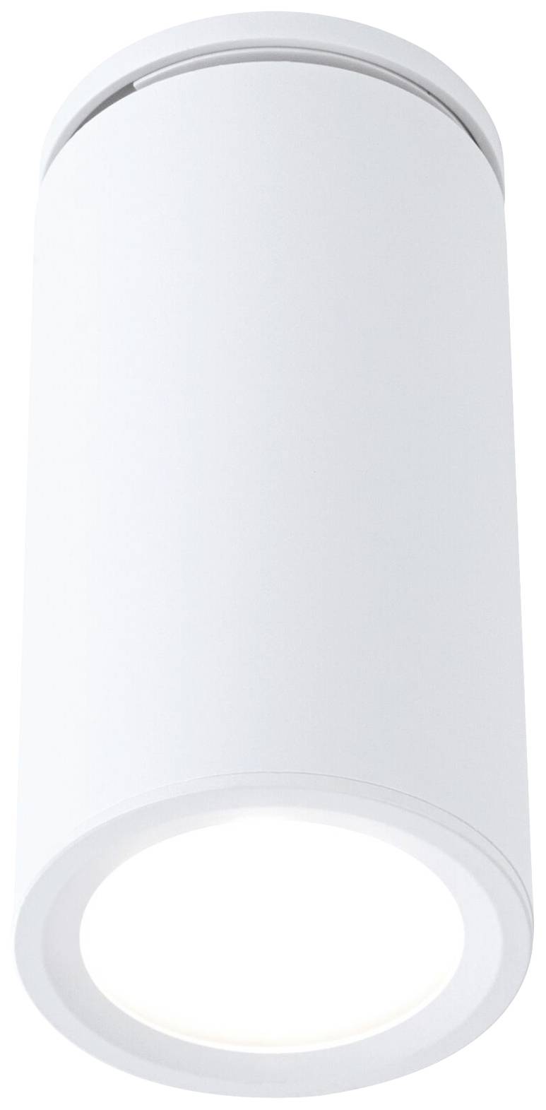 Biała, cylindryczna lampa sufitowa o nowoczesnym designie, emitująca jasne światło. Idealna do współczesnych wnętrz.