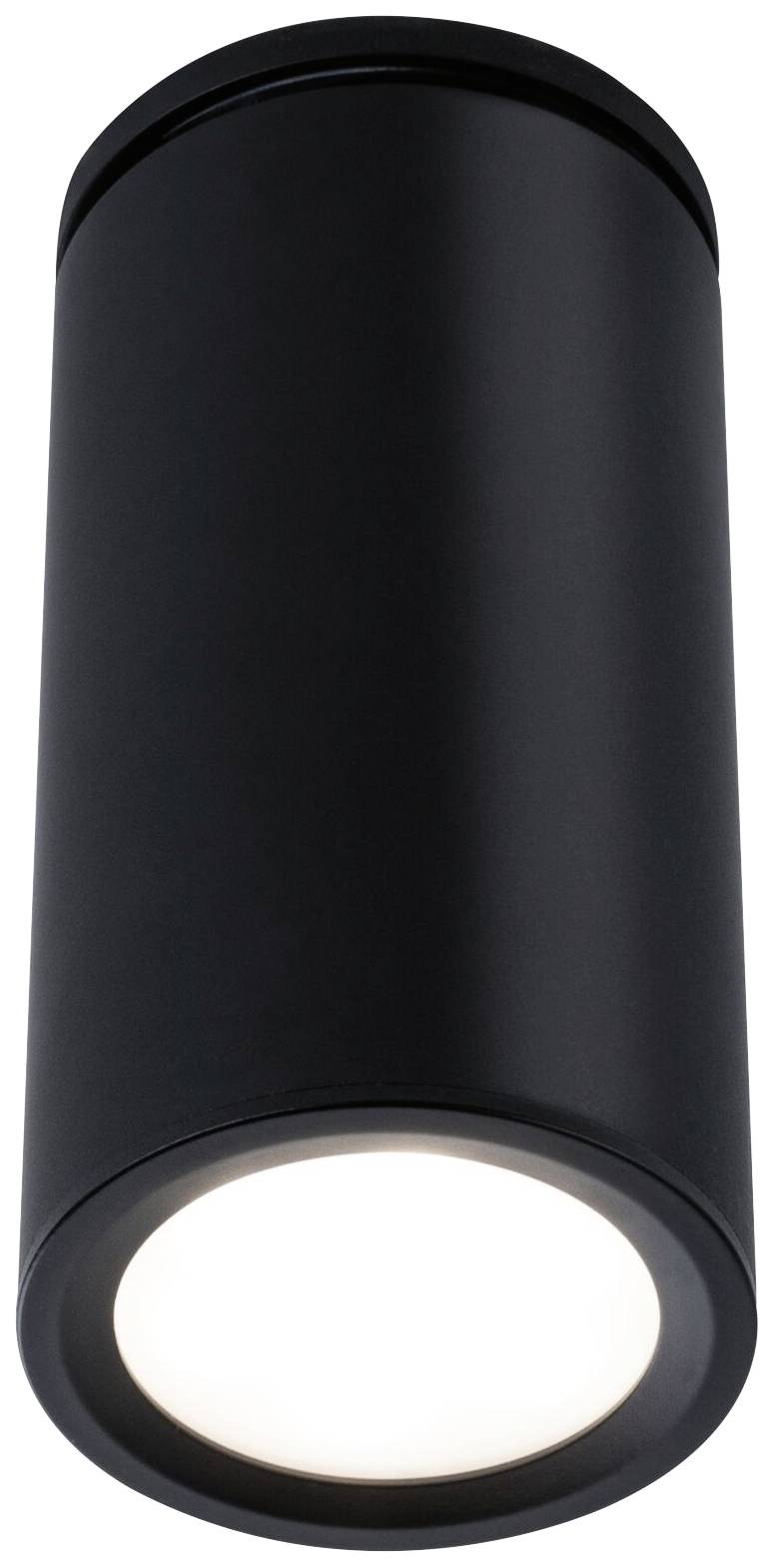 Czarny cylindryczny oprawa sufitowa emitująca światło w dół. Idealna do nowoczesnych wnętrz lub przestrzeni zewnętrznych.