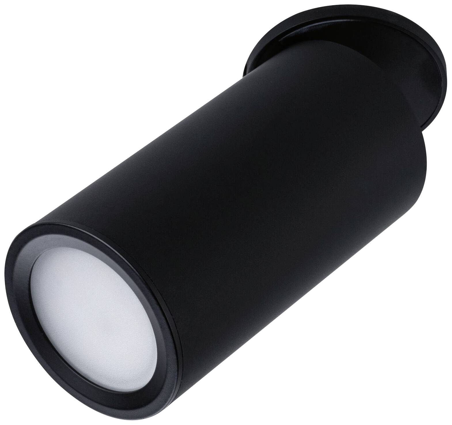 Czarna, cylindryczna lampa sufitowa z matowym wykończeniem i rozpraszającą osłoną światła, odpowiednia do oświetlenia wnętrz.