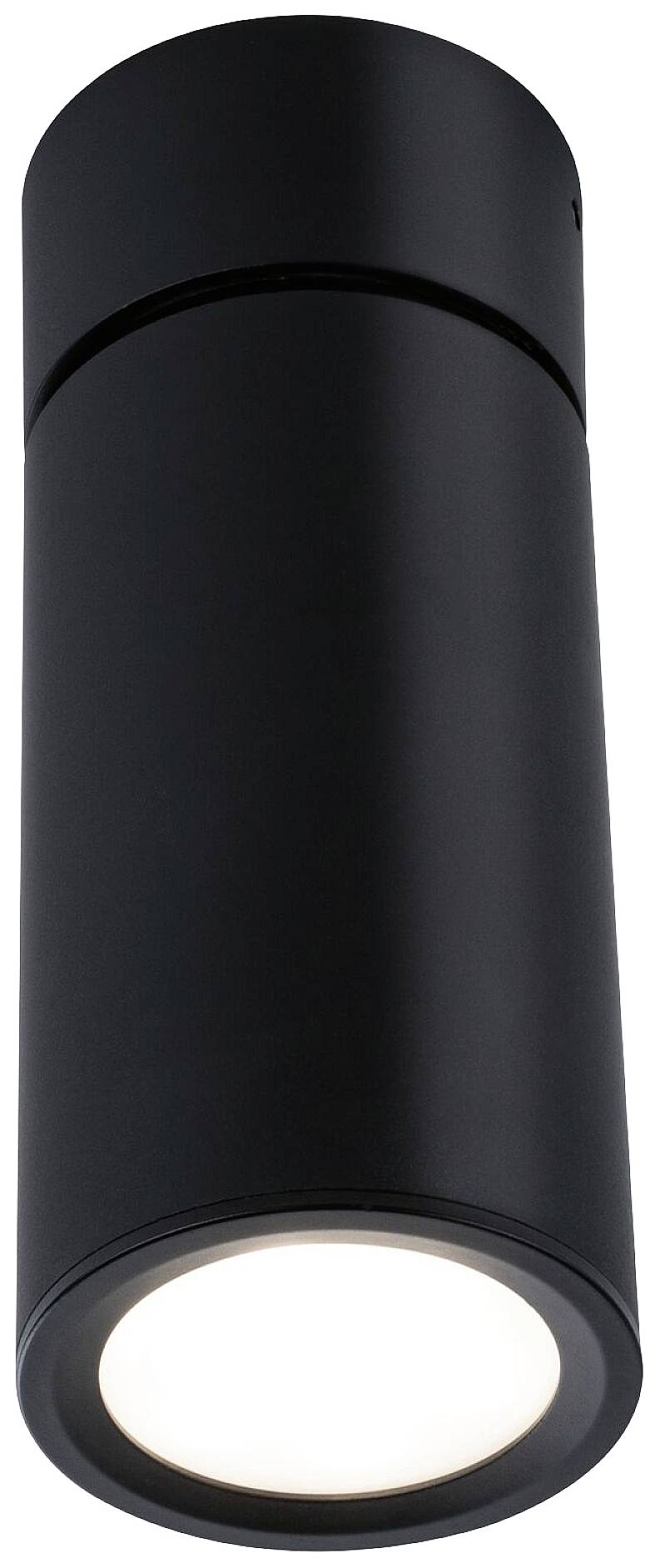 Czarna, cylindryczna lampa sufitowa z ciepłym blaskiem światła od spodu. Jest minimalistyczna i nowoczesna w stylu.