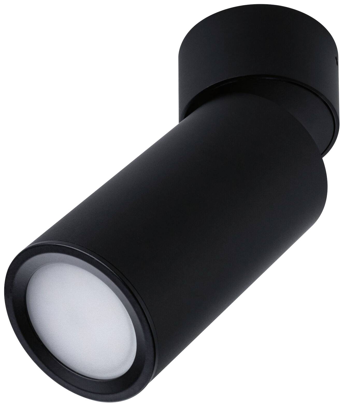 Czarna cylindryczna lampa sufitowa w nowoczesnym stylu, idealna do ukierunkowanego oświetlenia wnętrz.