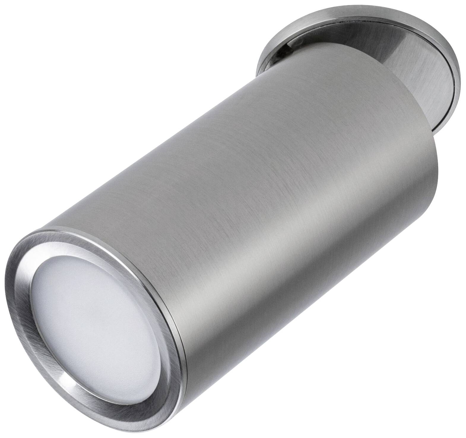 Cylindryczny, srebrny reflektor LED o matowym wykończeniu, przeznaczony do montażu naściennego lub sufitowego wewnątrz pomieszczeń.