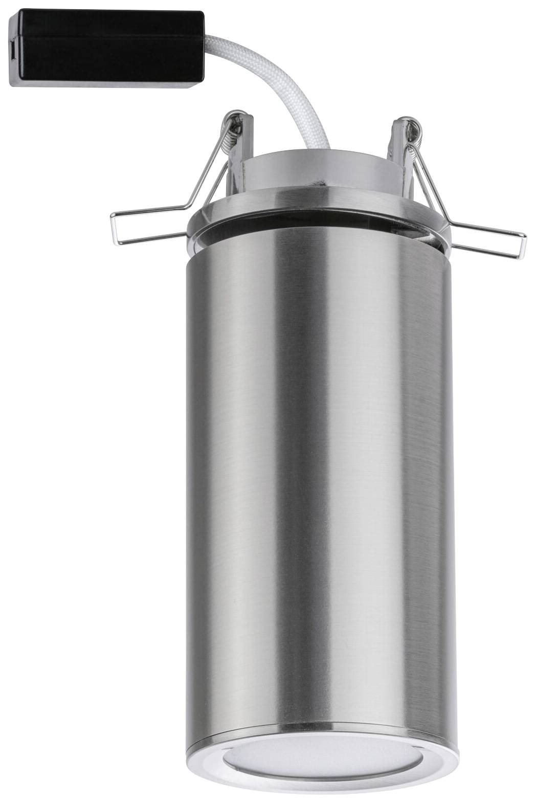 Cylindryczna oprawa LED w srebrnej obudowie, przeznaczona do montażu sufitowego, z elastycznym przewodem przyłączeniowym u góry.