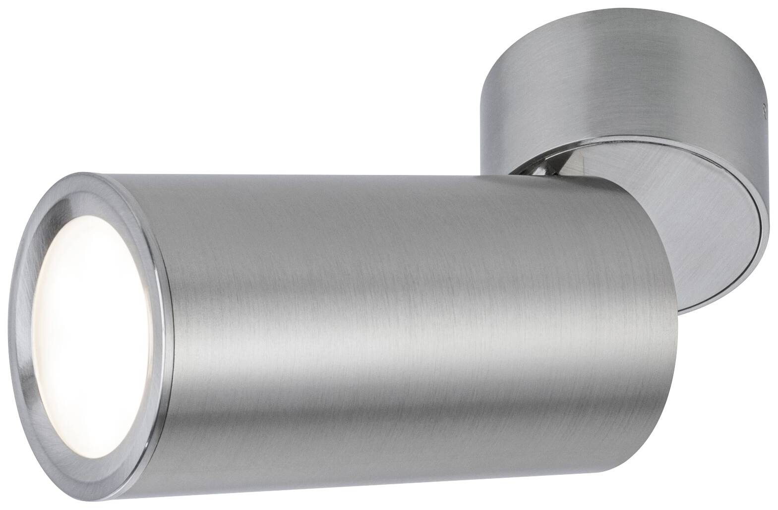 Srebrna cylindryczna lampa ścienna o nowoczesnym, minimalistycznym designie. Mocowana do sufitu, świecąca w jednym kierunku.