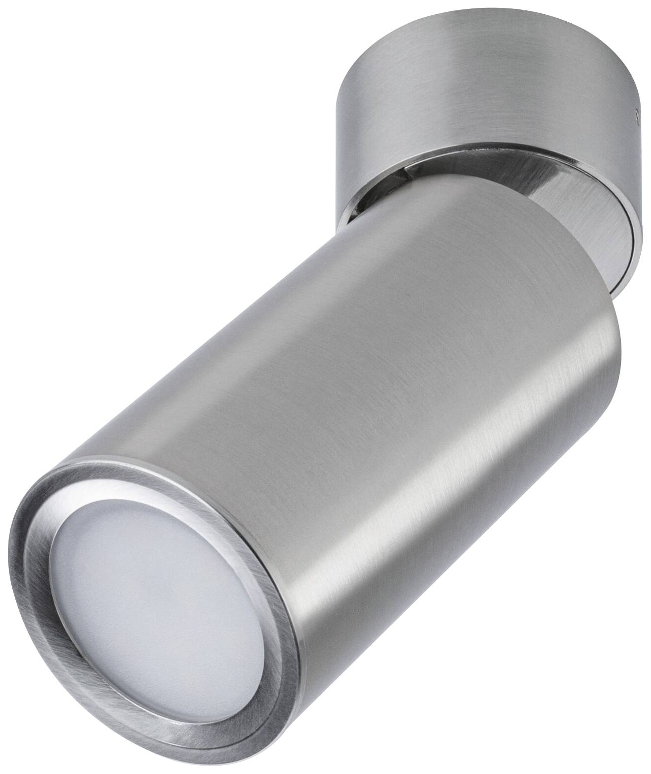 Srebrna lampa LED o cylindrycznym kształcie i okrągłej podstawie, odpowiednia do montażu ściennego, prezentująca nowoczesny design.