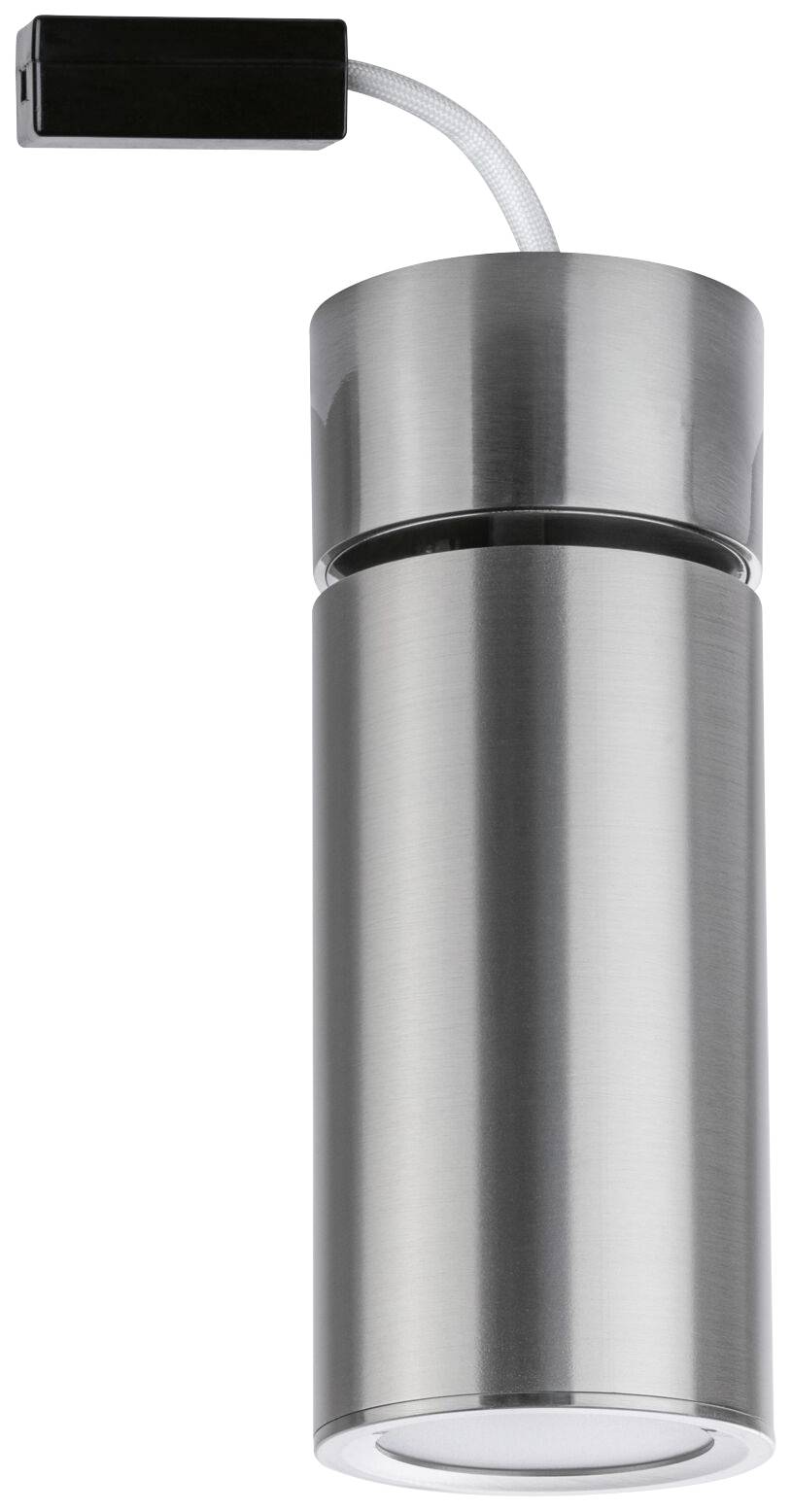 Cylindryczna, srebrna lampa sufitowa z krótkim przewodem prowadzącym do prostokątnego, czarnego złącza.