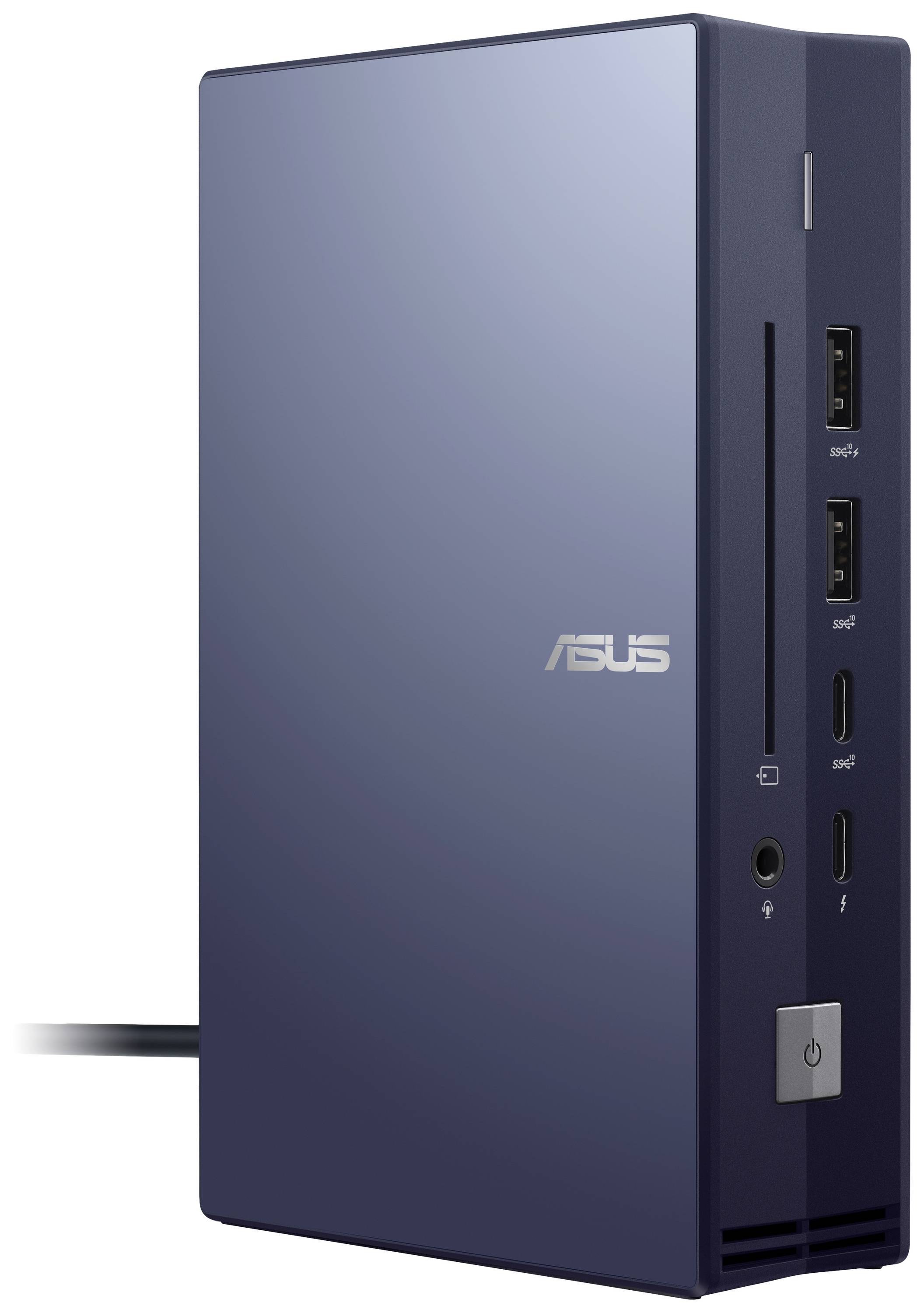 Ciemnogranatowy mini-komputer ASUS z wieloma portami USB z przodu. Kabel wychodzi z urządzenia w lewą stronę.