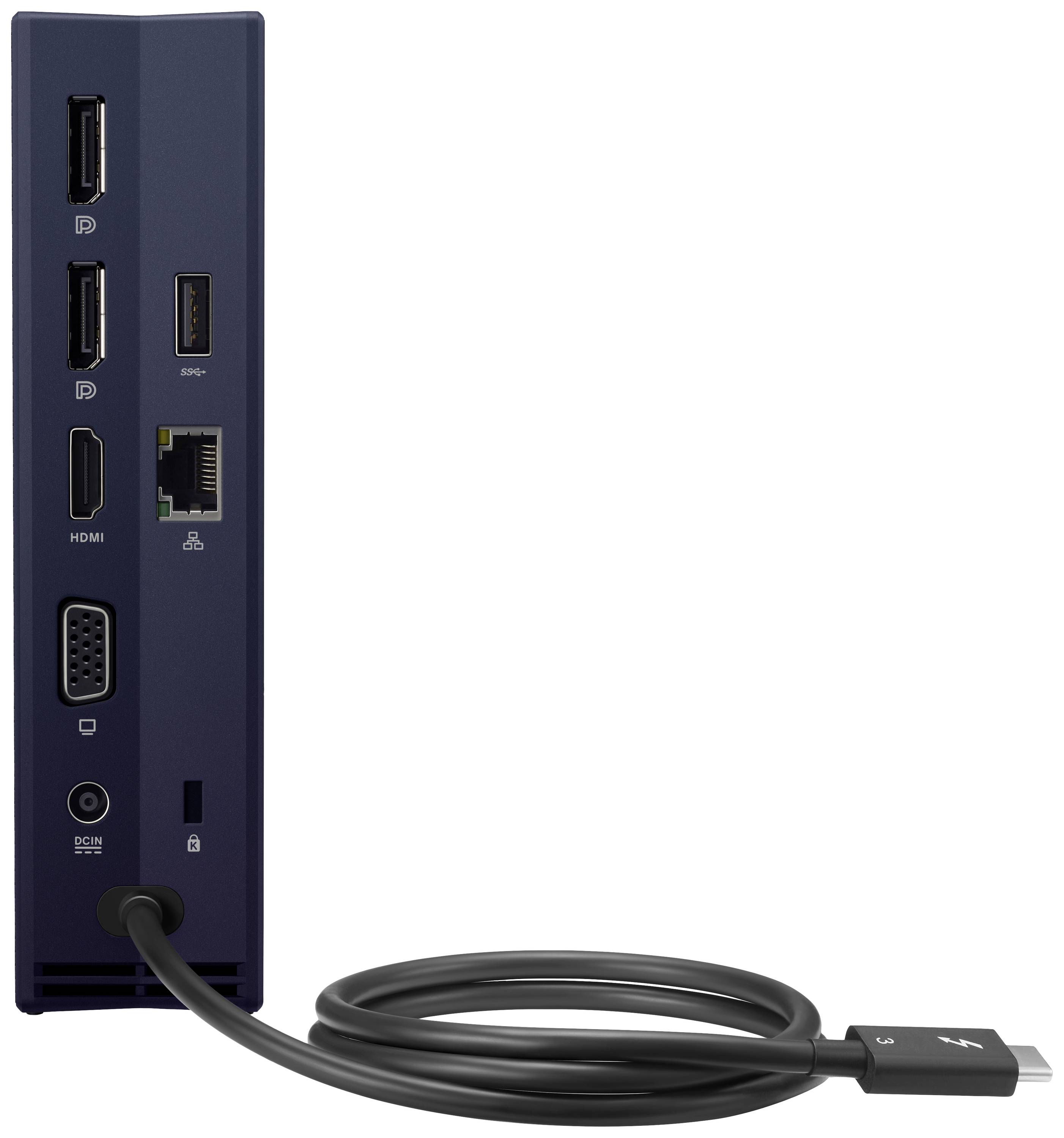 Stacja dokująca z wieloma portami, w tym USB, HDMI, VGA i Ethernet. Z dolnej strony wystaje jeden kabel.