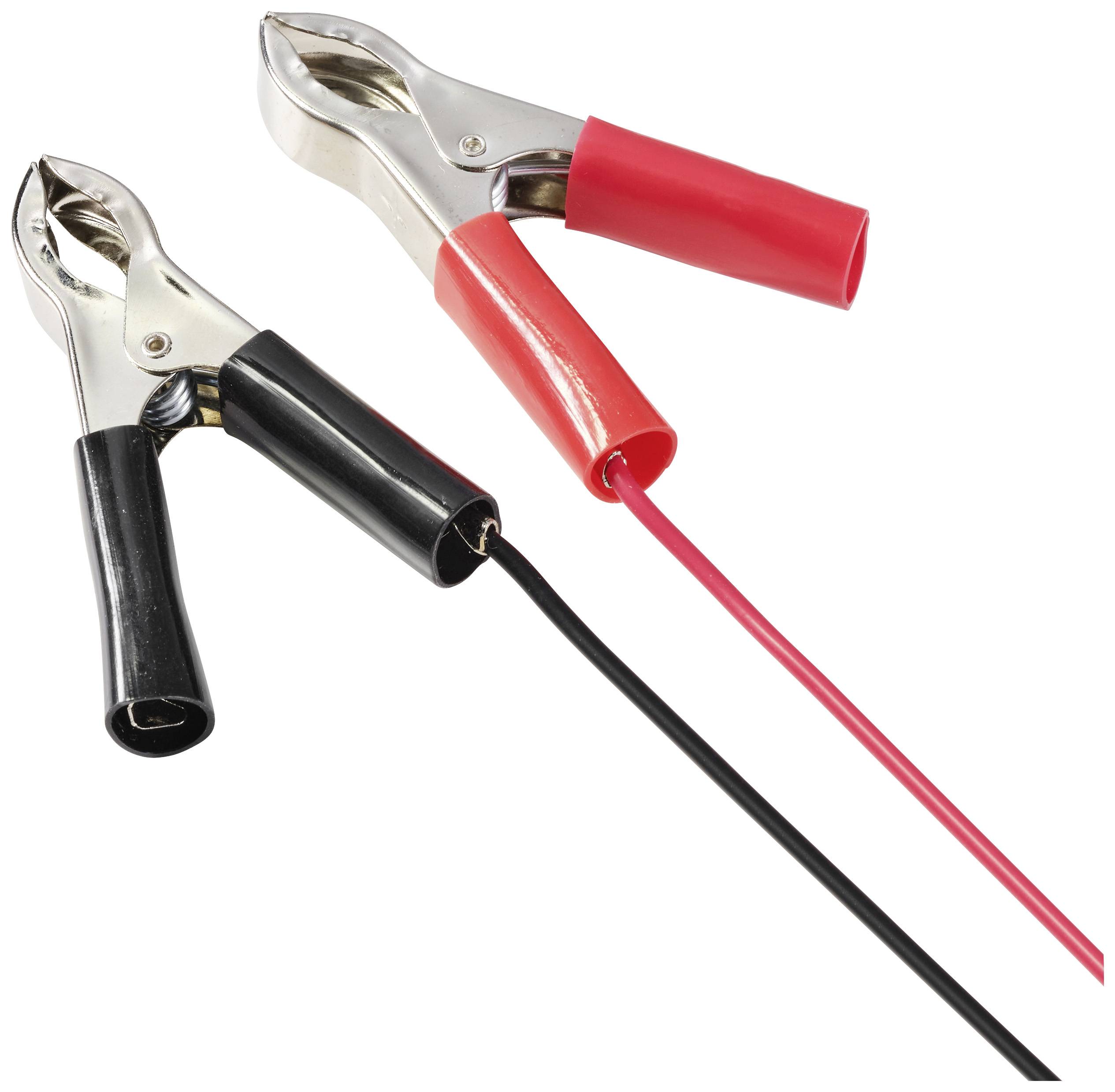 Dwie klamry rozruchowe z przewodami, jedna czerwona i jedna czarna, do awaryjnego rozruchu akumulatorów samochodowych.