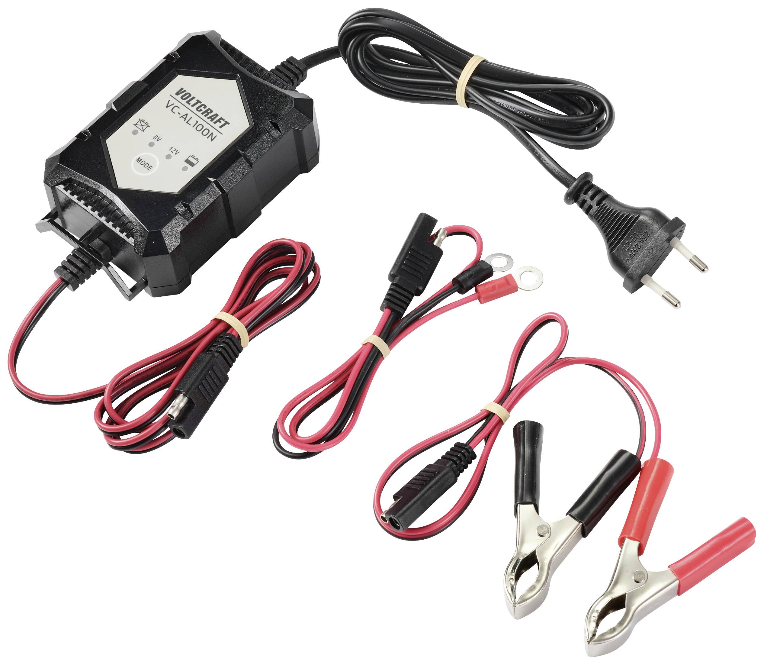 Ładowarka akumulatorów z przewodem zasilającym i zaciskami do podłączenia akumulatorów samochodowych. Odpowiednia dla różnych typów akumulatorów.