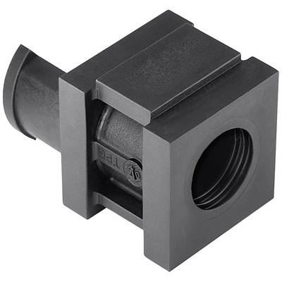 Czarny, kwadratowy element z okrągłym otworem pośrodku, prawdopodobnie adapter lub łącznik wykonany z tworzywa sztucznego.