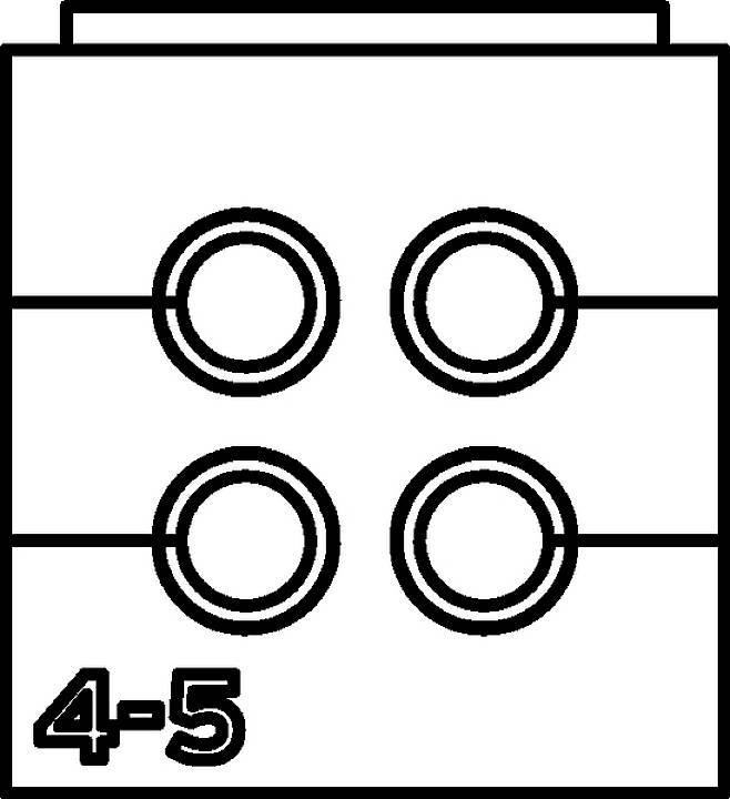 Szkic klocka LEGO z czterema wypustkami w dwóch rzędach. W lewym dolnym rogu widnieje liczba '4-5'.