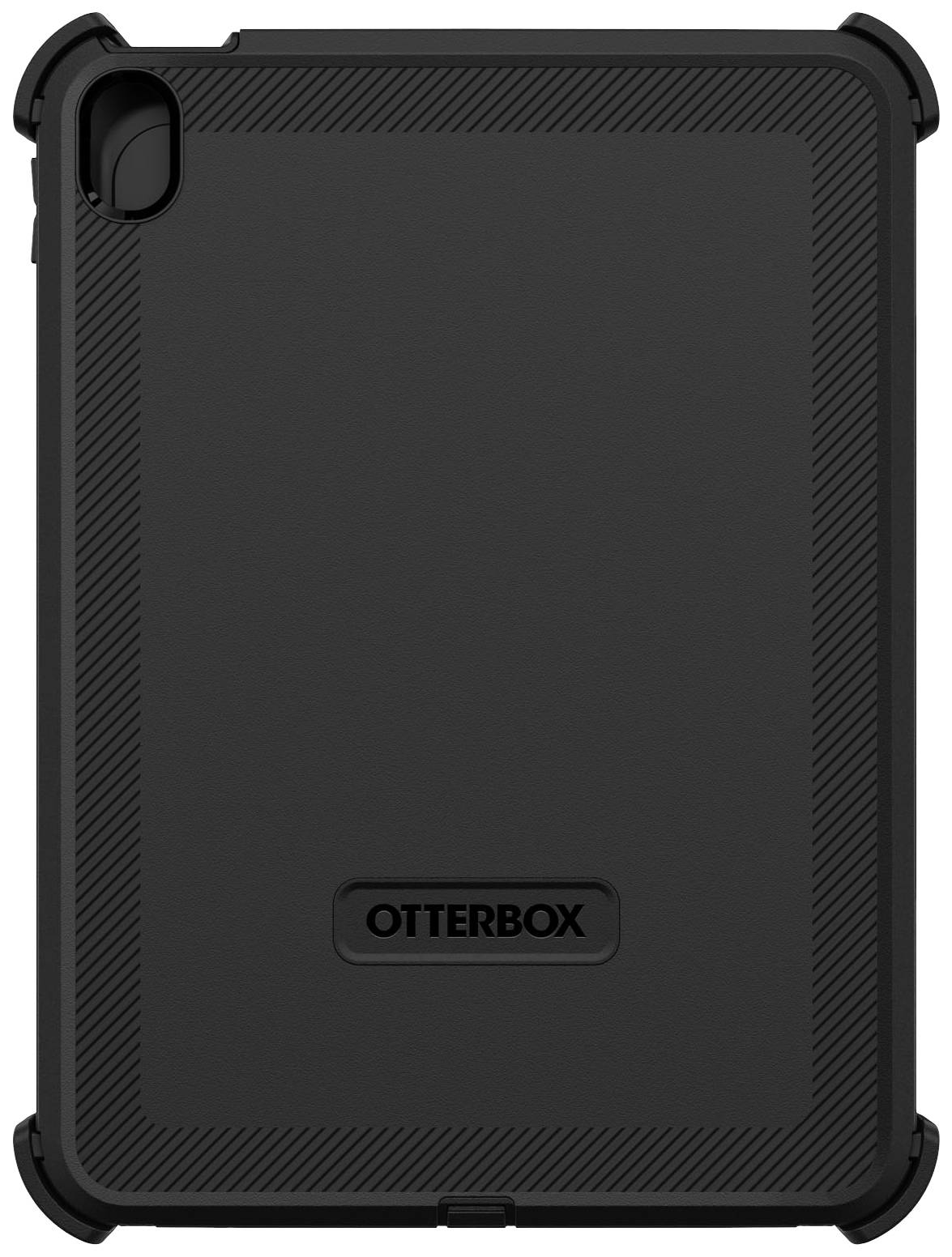 Czarne etui ochronne OtterBox do tabletu, o wytrzymałej konstrukcji z wzmocnionymi narożnikami, idealne do aktywności na świeżym powietrzu.