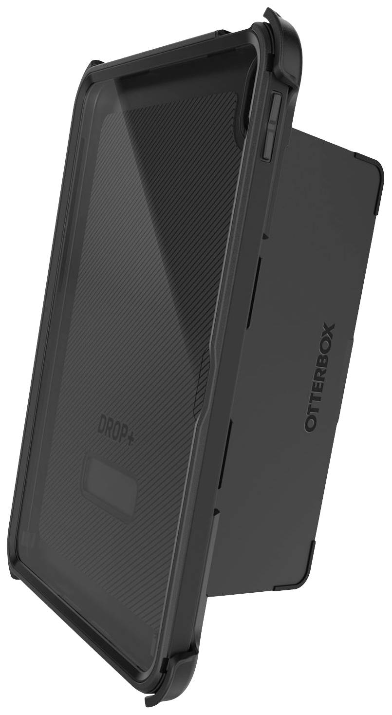 Czarna obudowa ochronna do tabletu o wytrzymałej konstrukcji z wbudowanym stojakiem. Oznaczenie 'Otterbox' na boku.