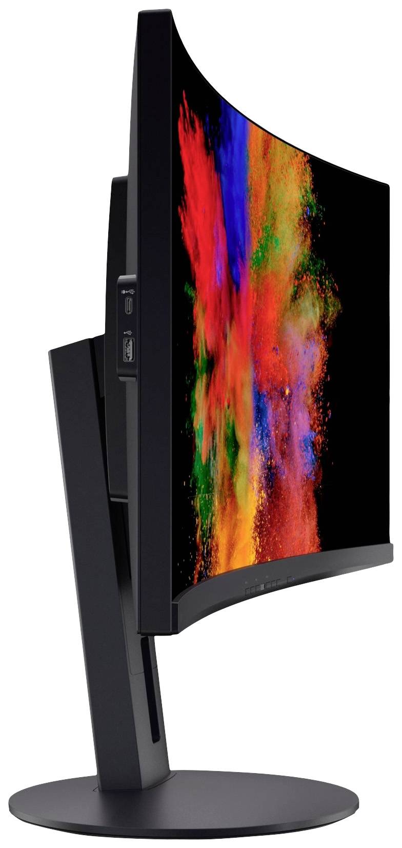 Widok z boku zakrzywionego monitora z kolorowym spektrum barw na ekranie. Ramka i podstawa monitora są czarne.