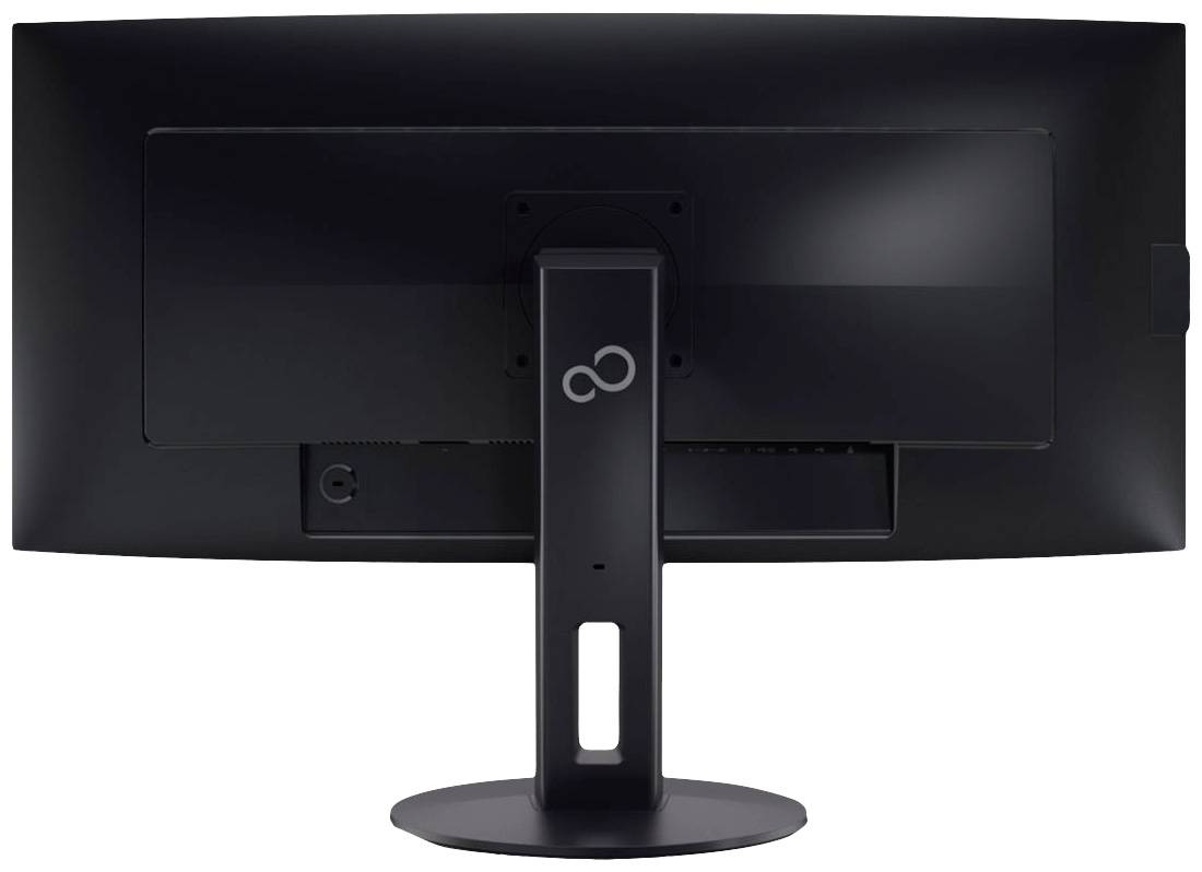 Czarny monitor widziany od tyłu z zakrzywionym ekranem i solidną podstawą.