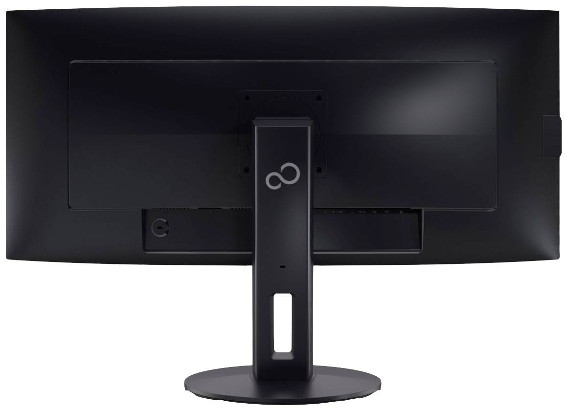Widok z tyłu czarnego, szerokiego monitora komputerowego z centralną podstawą, która stabilnie podtrzymuje urządzenie na płaskiej powierzchni.