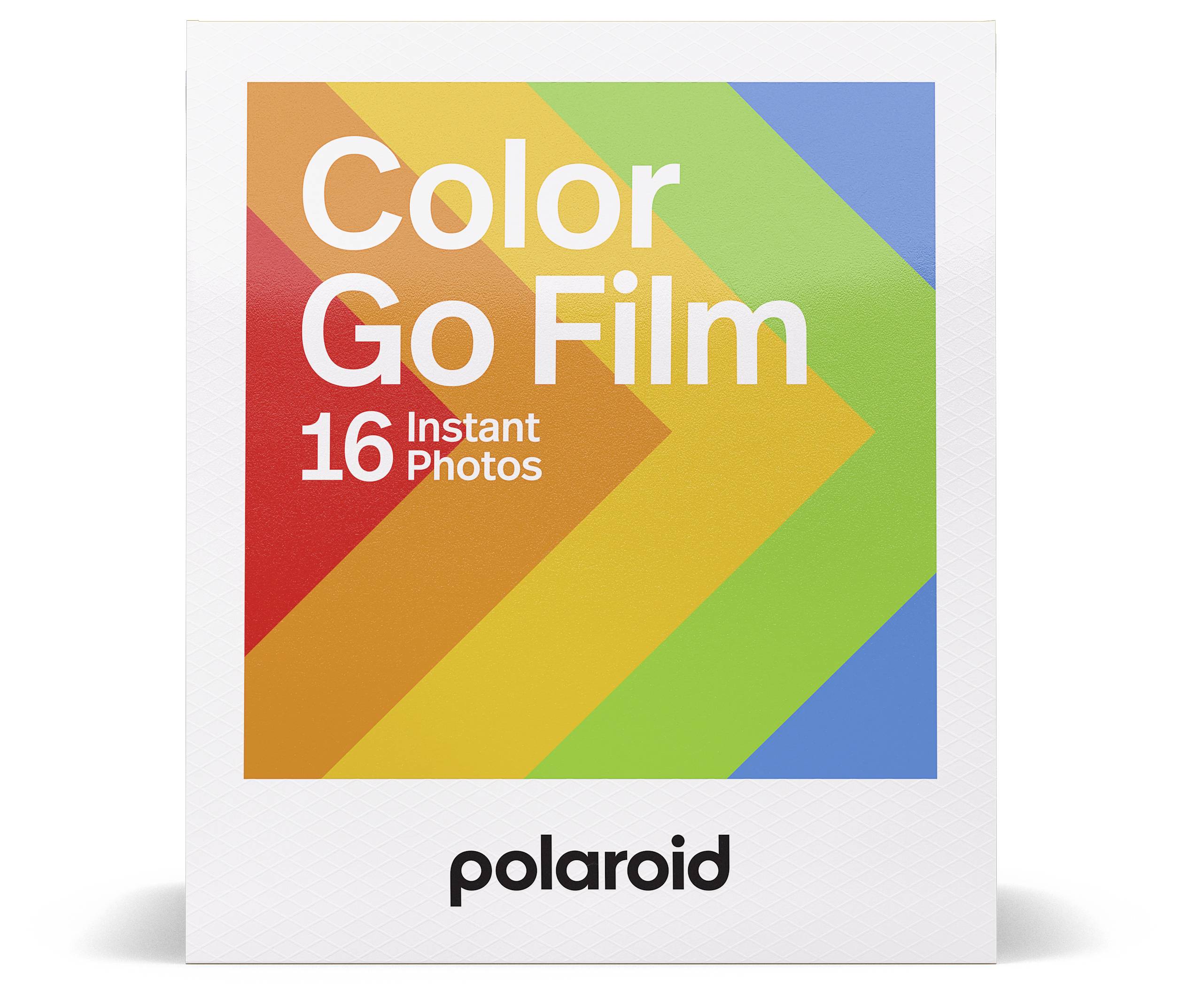Opakowanie filmu natychmiastowego Polaroid Color Go dla 16 zdjęć, z kolorowym wzorem paskowym.