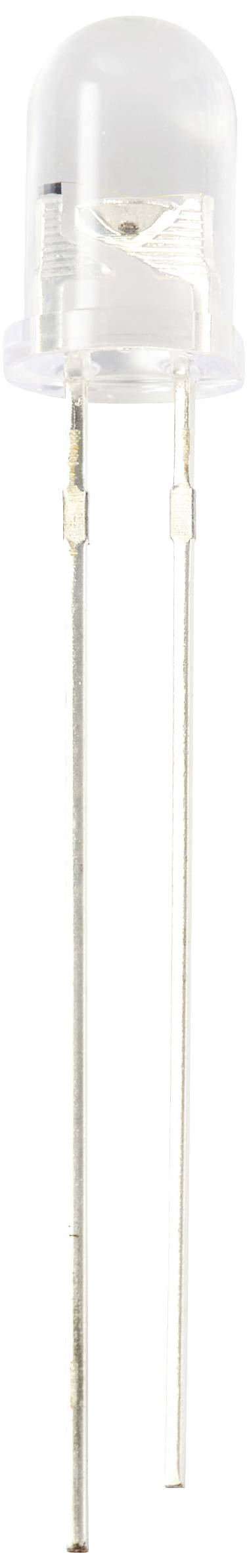 Dioda LED ze szklaną, przezroczystą kopułką i dwoma długimi metalowymi wyprowadzeniami stoi pionowo.