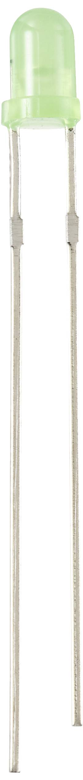 Zielona dioda LED z dwoma długimi metalowymi wyprowadzeniami, stojąca pionowo.