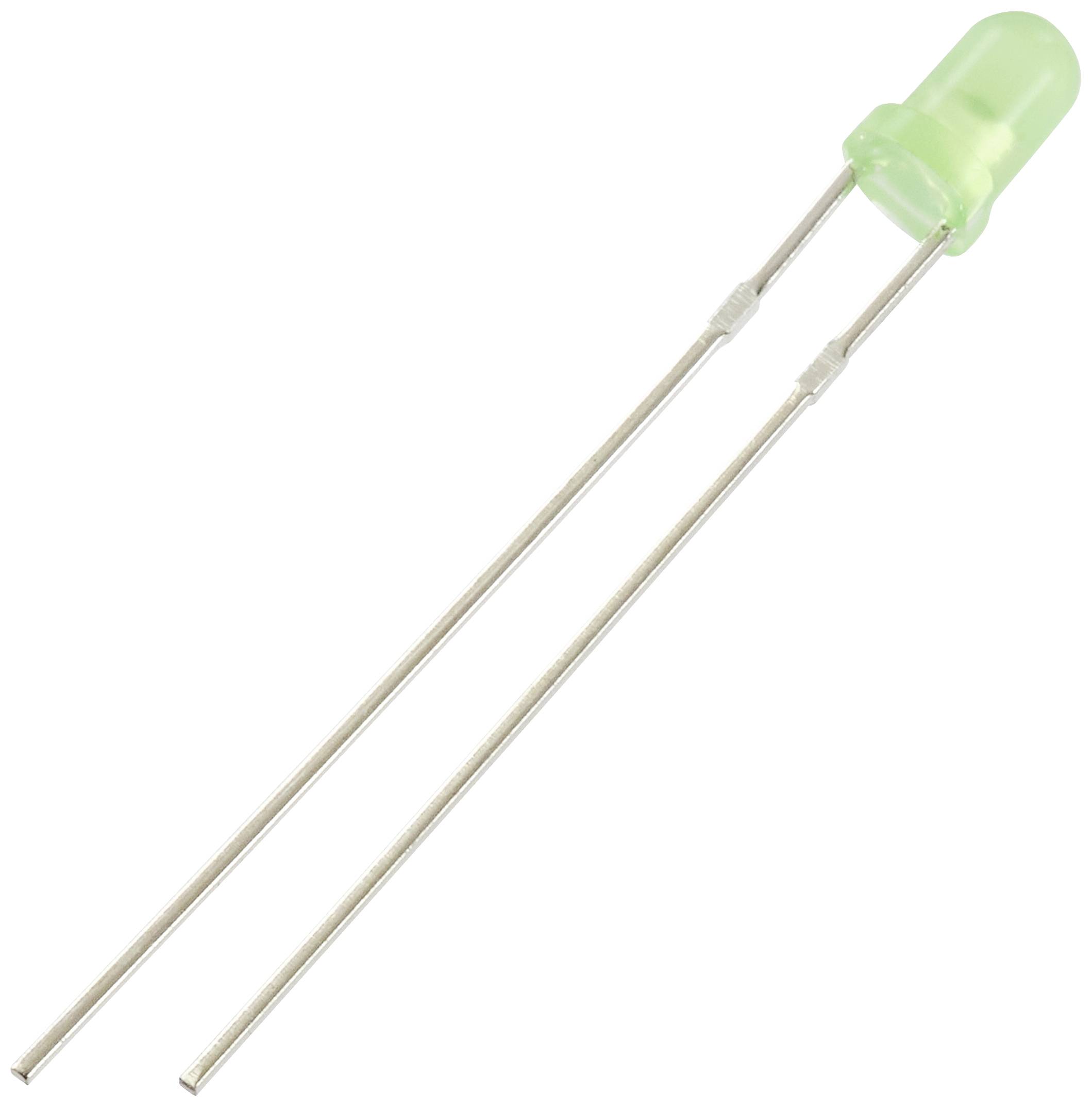 Zielona dioda świecąca (LED) z dwoma długimi metalowymi końcówkami, stojąca i izolowana na białym tle.