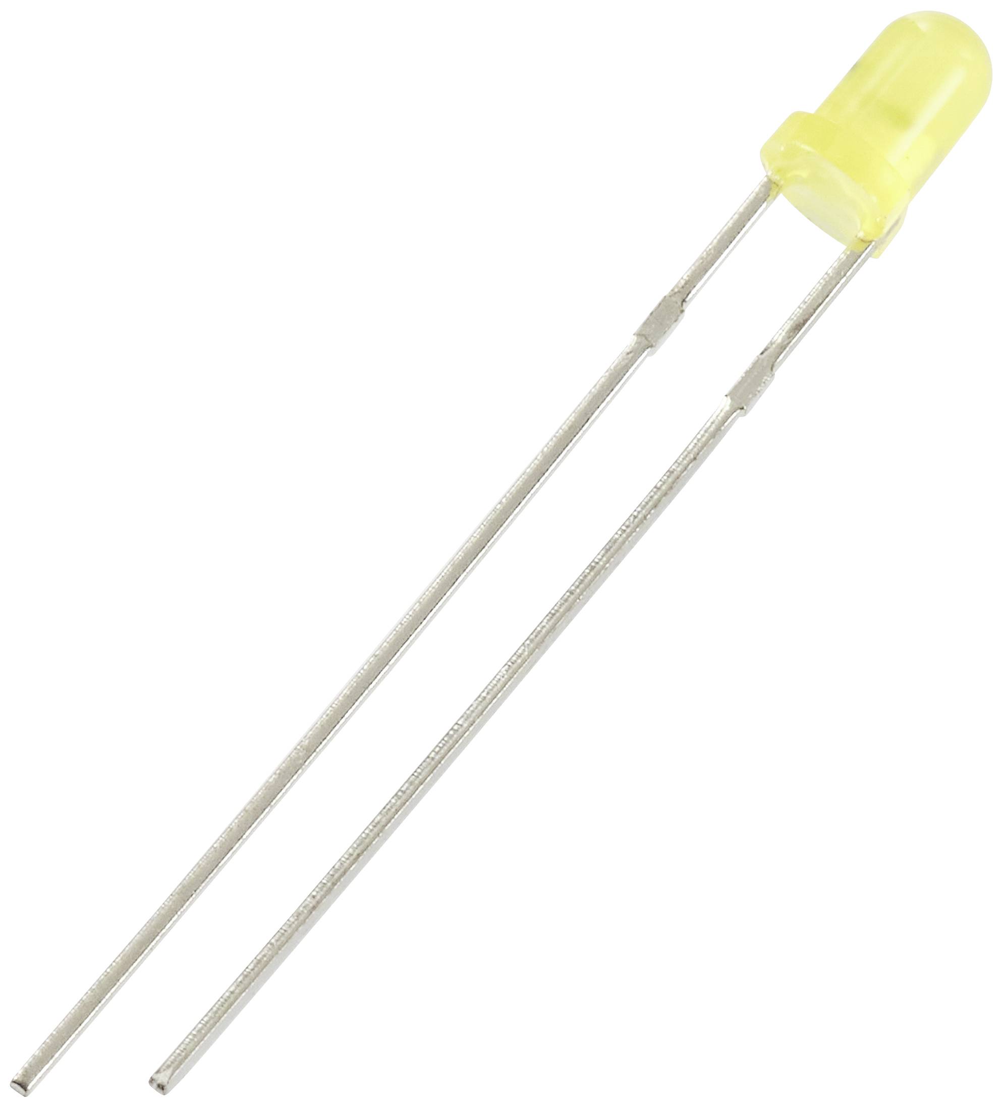 Żółta dioda LED z dwoma metalowymi wyprowadzeniami, nadająca się do stosowania w obwodach elektronicznych.