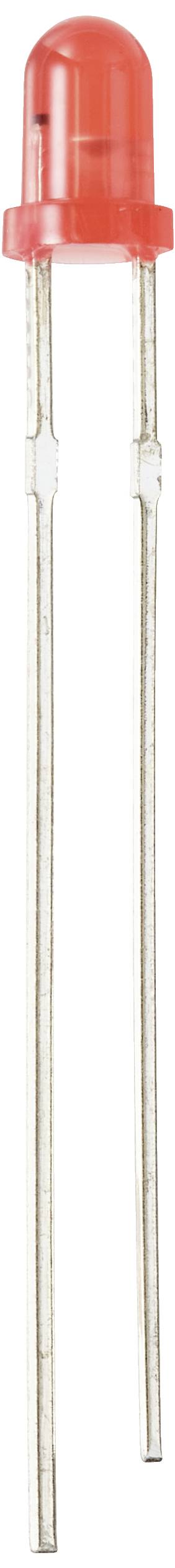 Czerwona dioda elektroluminescencyjna (LED) z dwoma metalowymi przewodami przyłączeniowymi skierowanymi w dół.