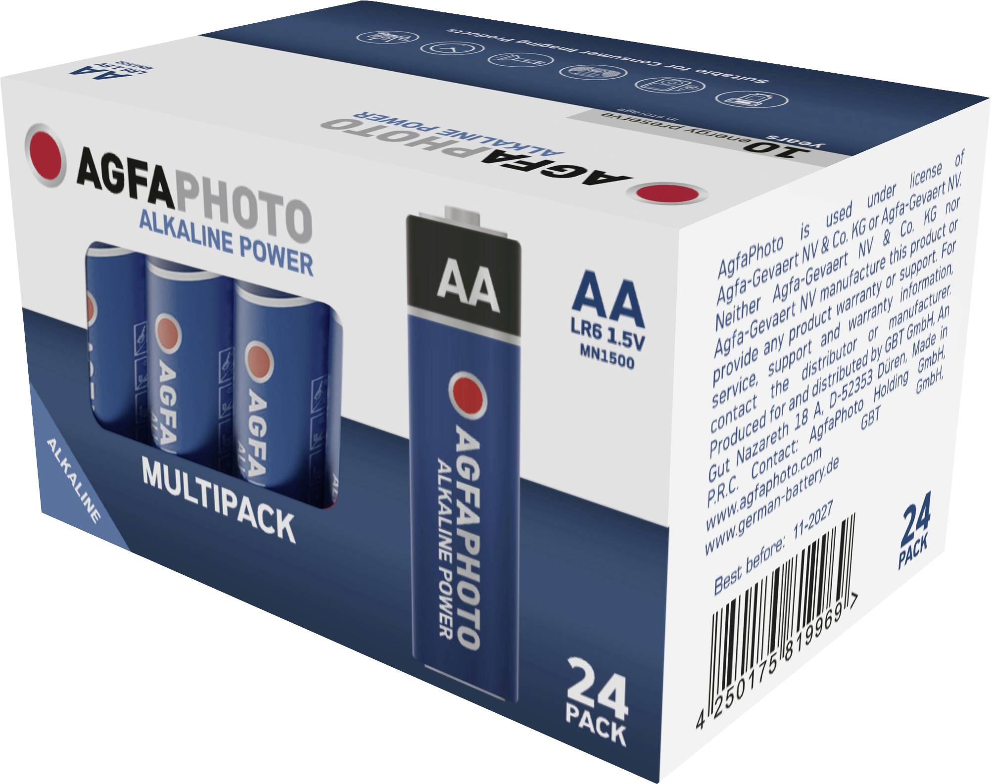 Батарейки AgfaPhoto Power LR6 110-819969 типу АА, 1,5 В, лужно-марганцеві, 24 шт.