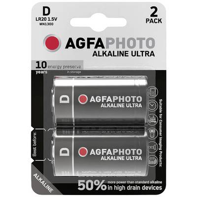Baterie alkaliczne AGFAPHOTO Ultra D, opakowanie 2 szt., zapewniające długotrwałe przechowywanie energii, odpowiednie do urządzeń o dużym poborze prądu.