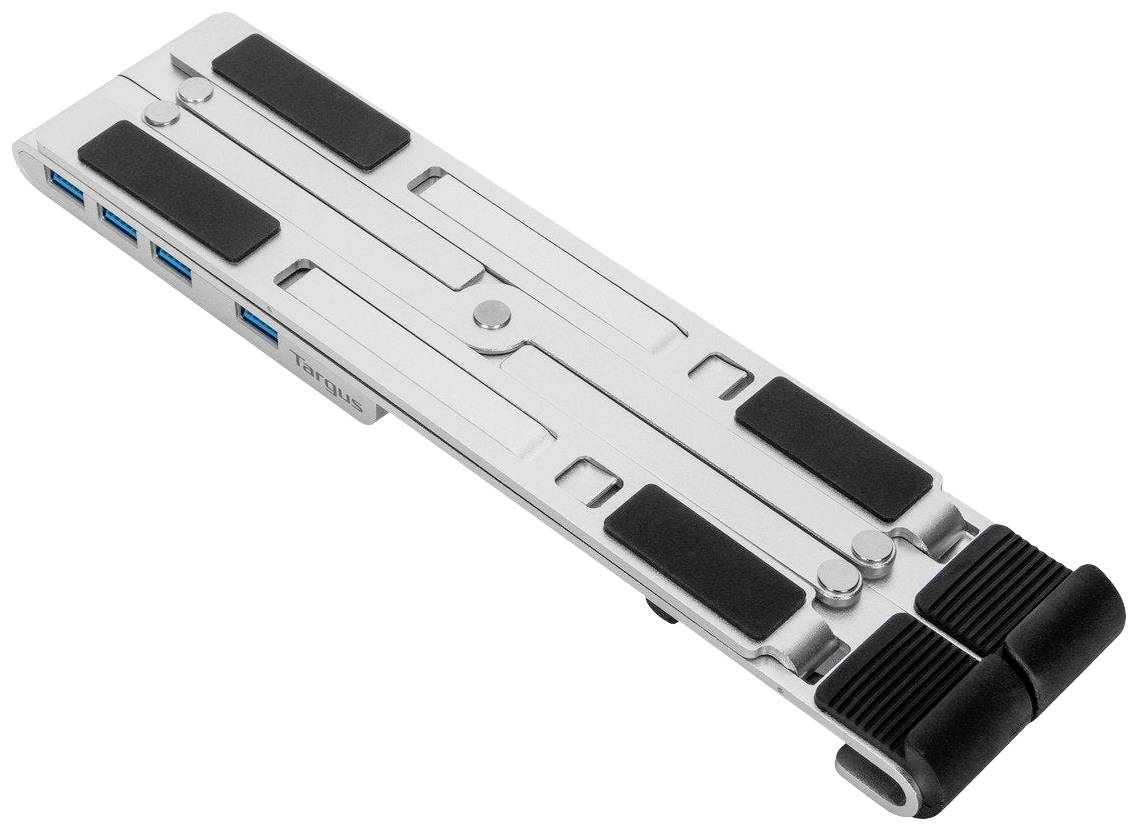 Składany, przenośny stojak na laptopa wykonany z metalu, wyposażony w czarne gumowe podkładki oraz niebieskie złącza USB po bokach.