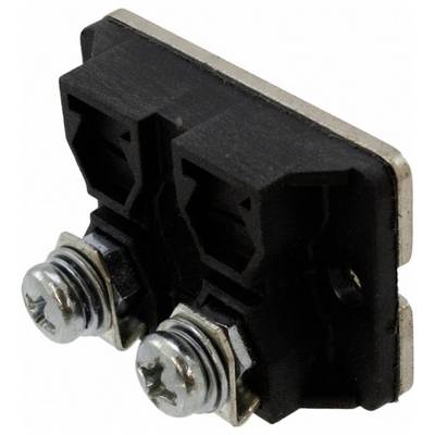 Czarny dwuuszkowity element mechaniczny z dwoma metalowymi śrubami, używany do łączenia przewodów w zastosowaniach elektrycznych.