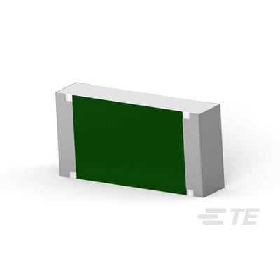 Prostokątny elektroniczny rezystor na białym tle, z zielonym oznaczeniem i srebrnymi złączami na rogach.