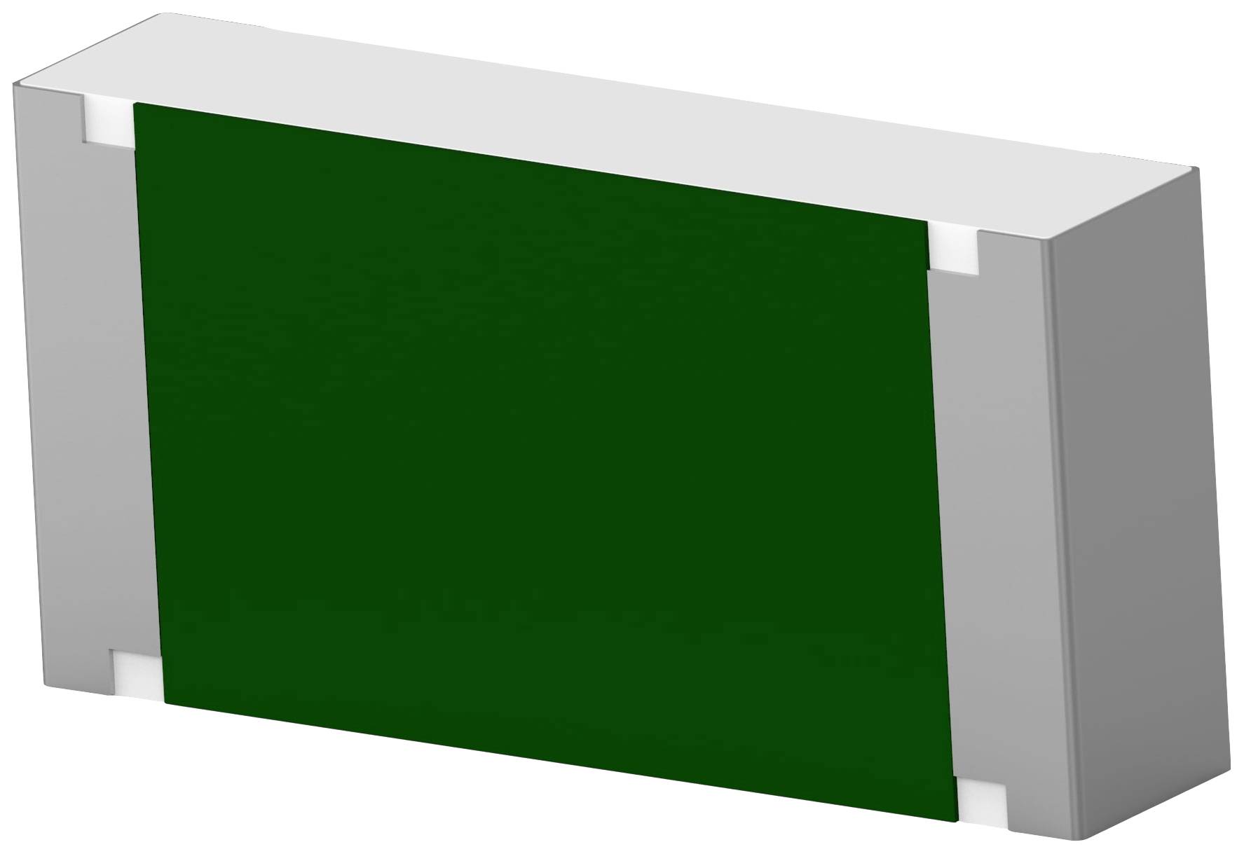 Prostokątny, szaro-zielony element elektroniczny, podobny do rezystora lub kondensatora, z metalicznie wyglądającymi końcówkami.