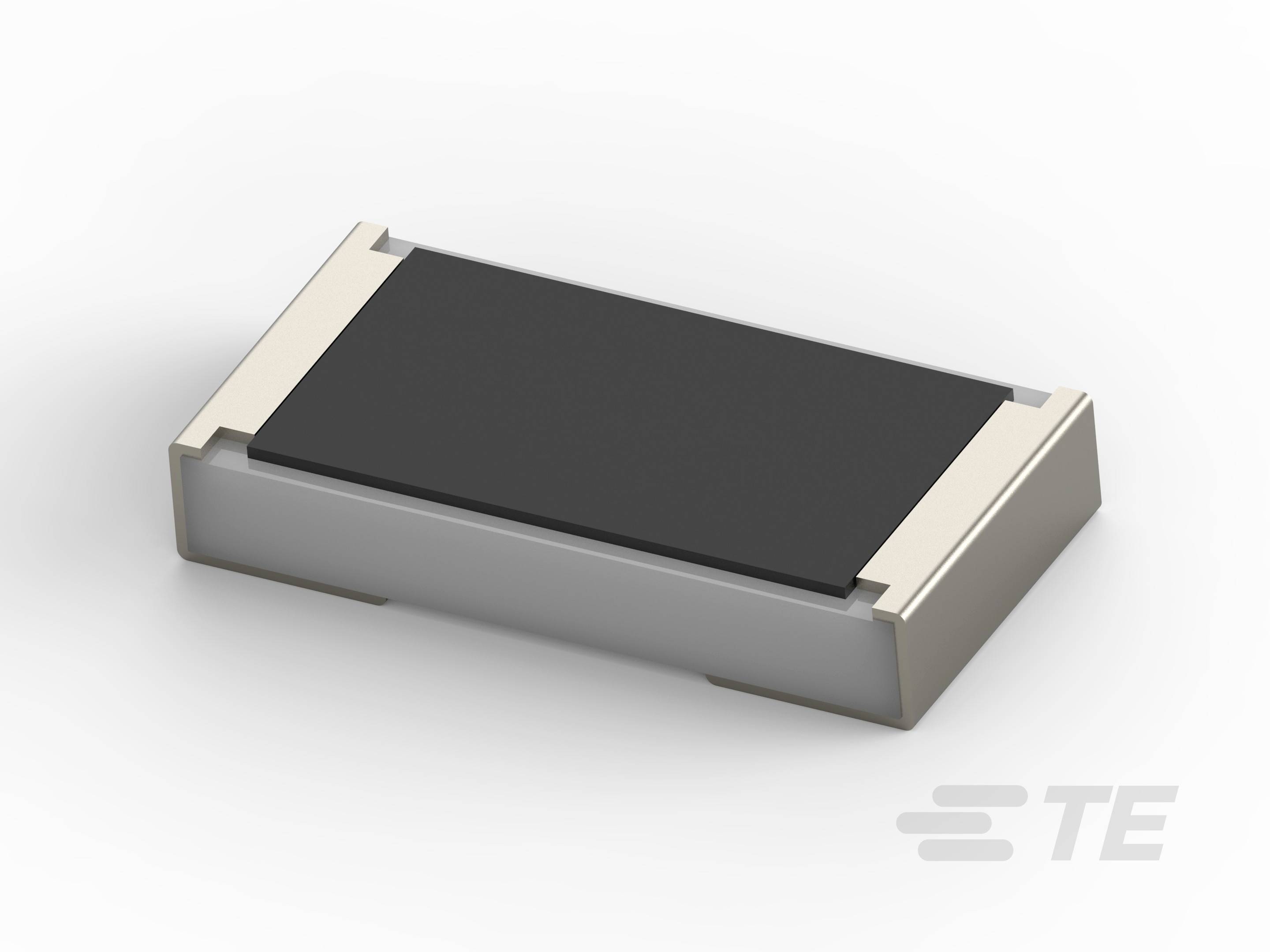 Prostokątny element elektroniczny z dwoma metalowymi stykami po przeciwnych stronach, na białym tle.
