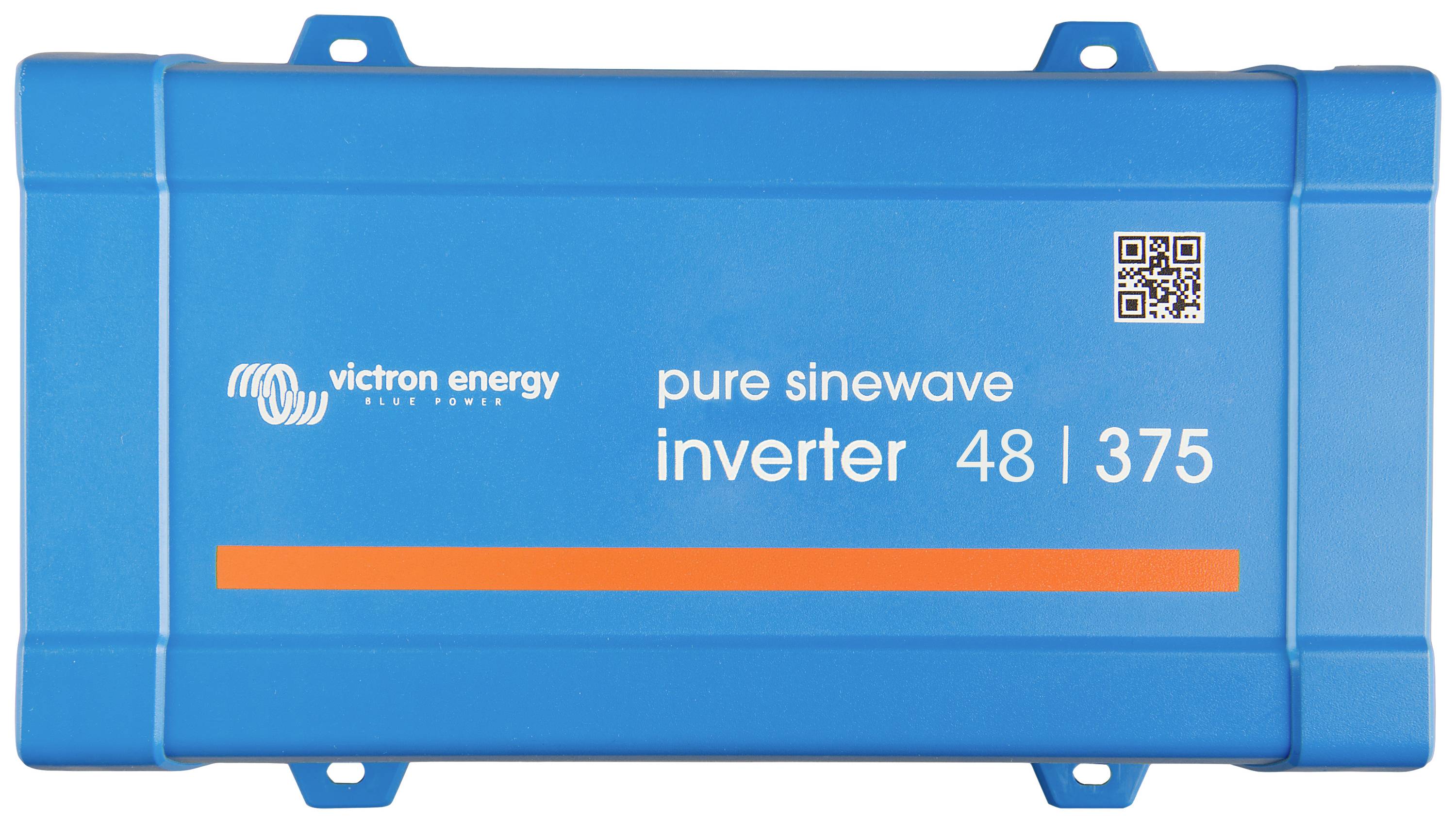 Niebieski falownik firmy Victron Energy z napisem 'pure sinewave inverter 48 | 375' i kodem QR w prawym górnym rogu.