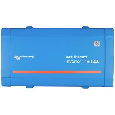 Niebieski przetwornik napięcia firmy Victron Energy z napisem 'pure sinewave inverter 48 1200' i kodem QR w prawym górnym rogu.
