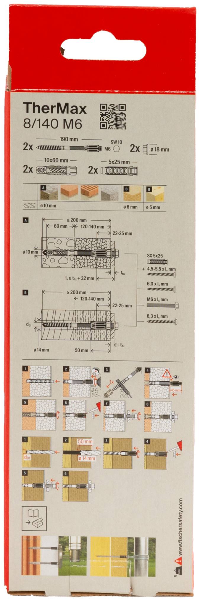 Opakowanie systemu mocującego 'TherMax 8/140 M6' z ilustracjami instrukcji montażu oraz rysunkami technicznymi.