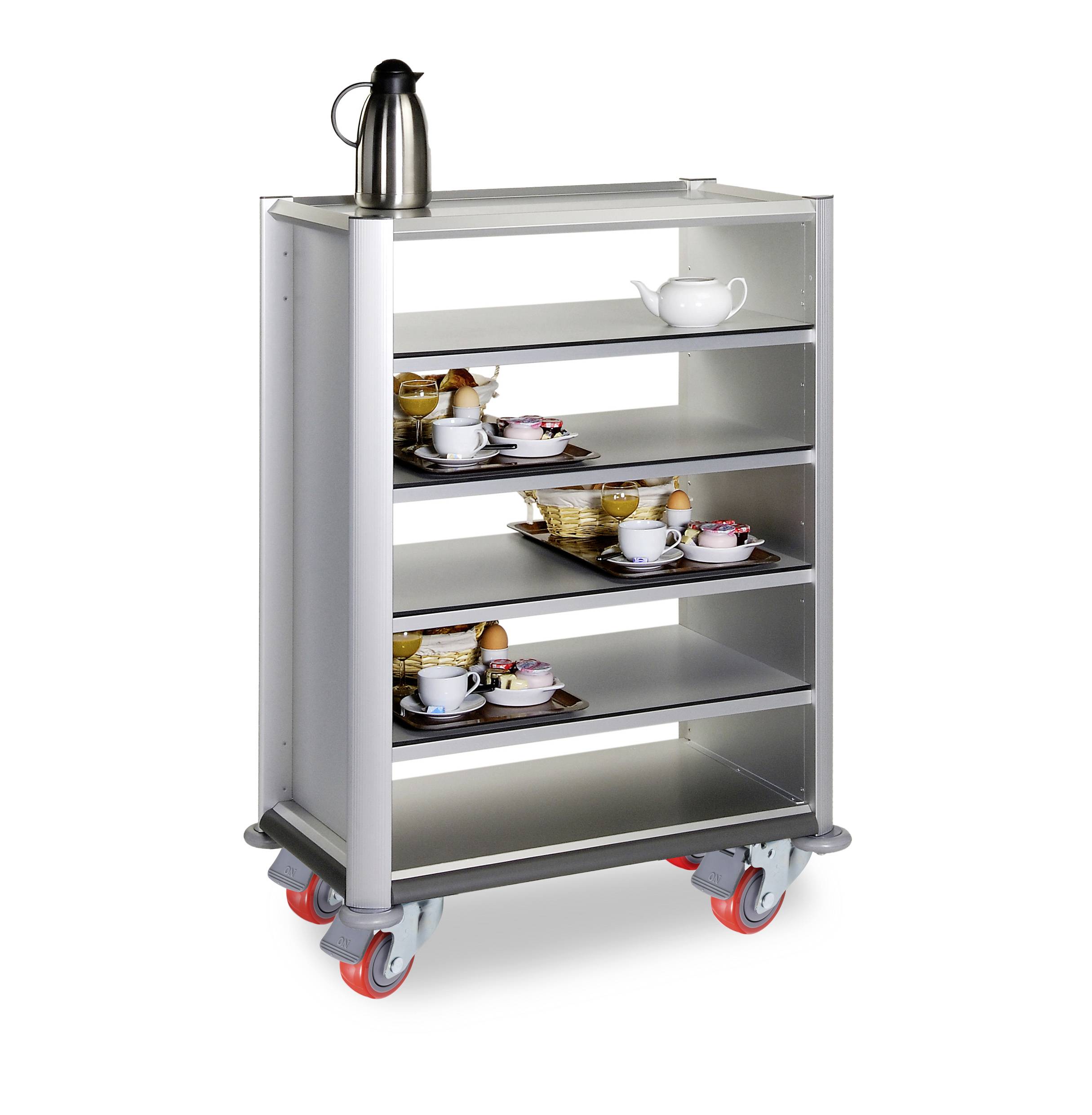 Składany wózek do herbaty z metalową ramą, wyposażony w naczynia, tace i dzbanek do kawy na górze. Idealny do serwowania napojów.