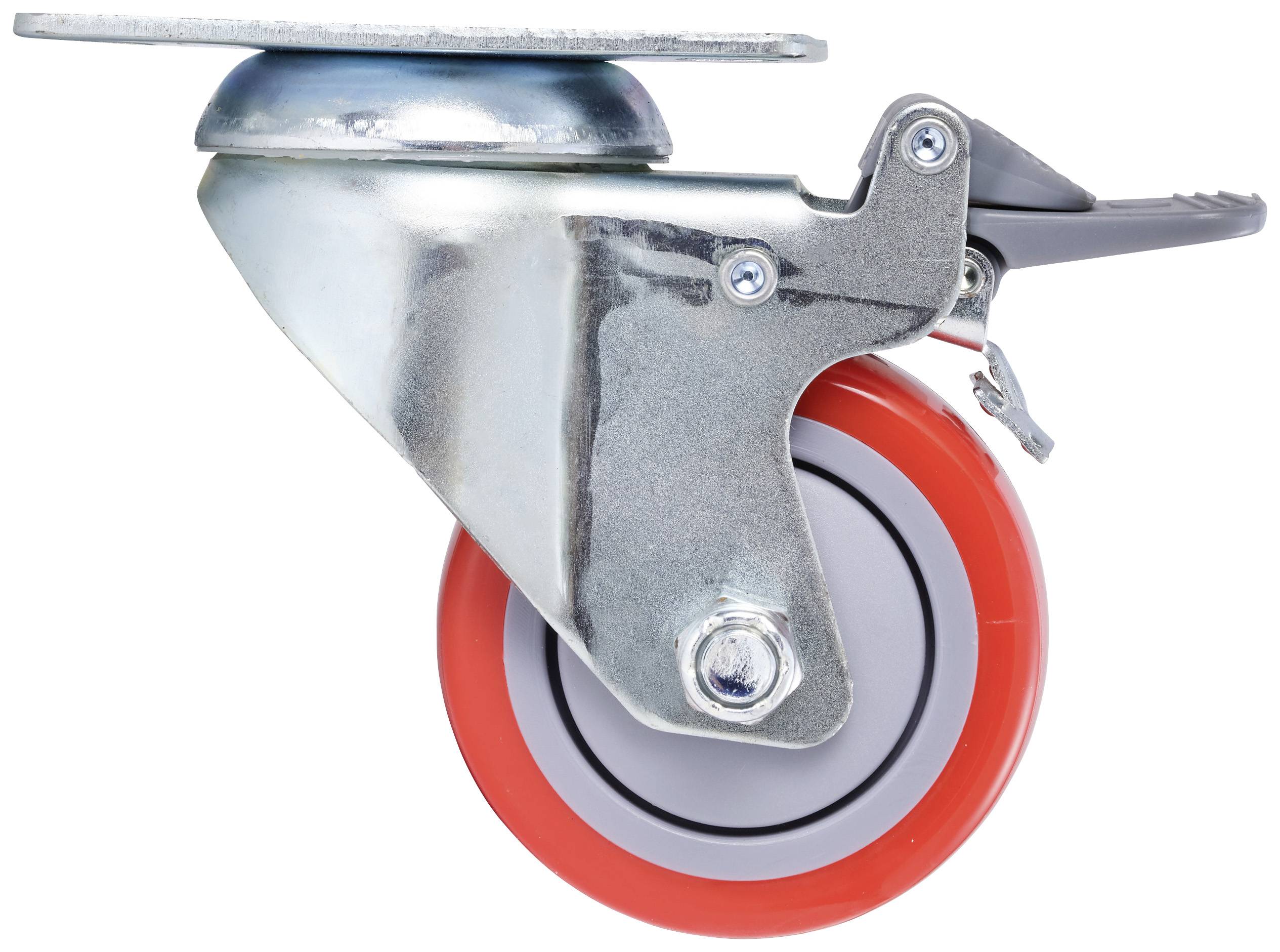 Szara rolka kierunkowa z czerwoną gumową obręczą, wyposażona w dźwignię blokady. Odpowiednia do przemieszczania ciężkich urządzeń i mebli.