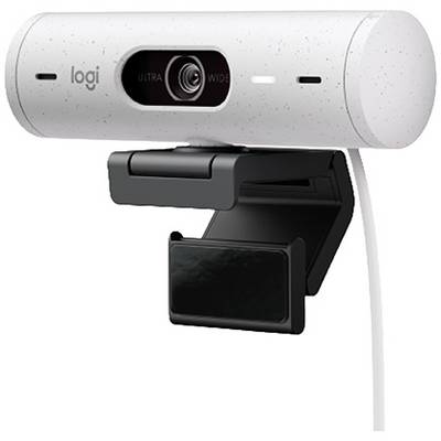 Biała kamera internetowa z szerokokątnym obiektywem i kablem USB, zamontowana na regulowanym statywie.