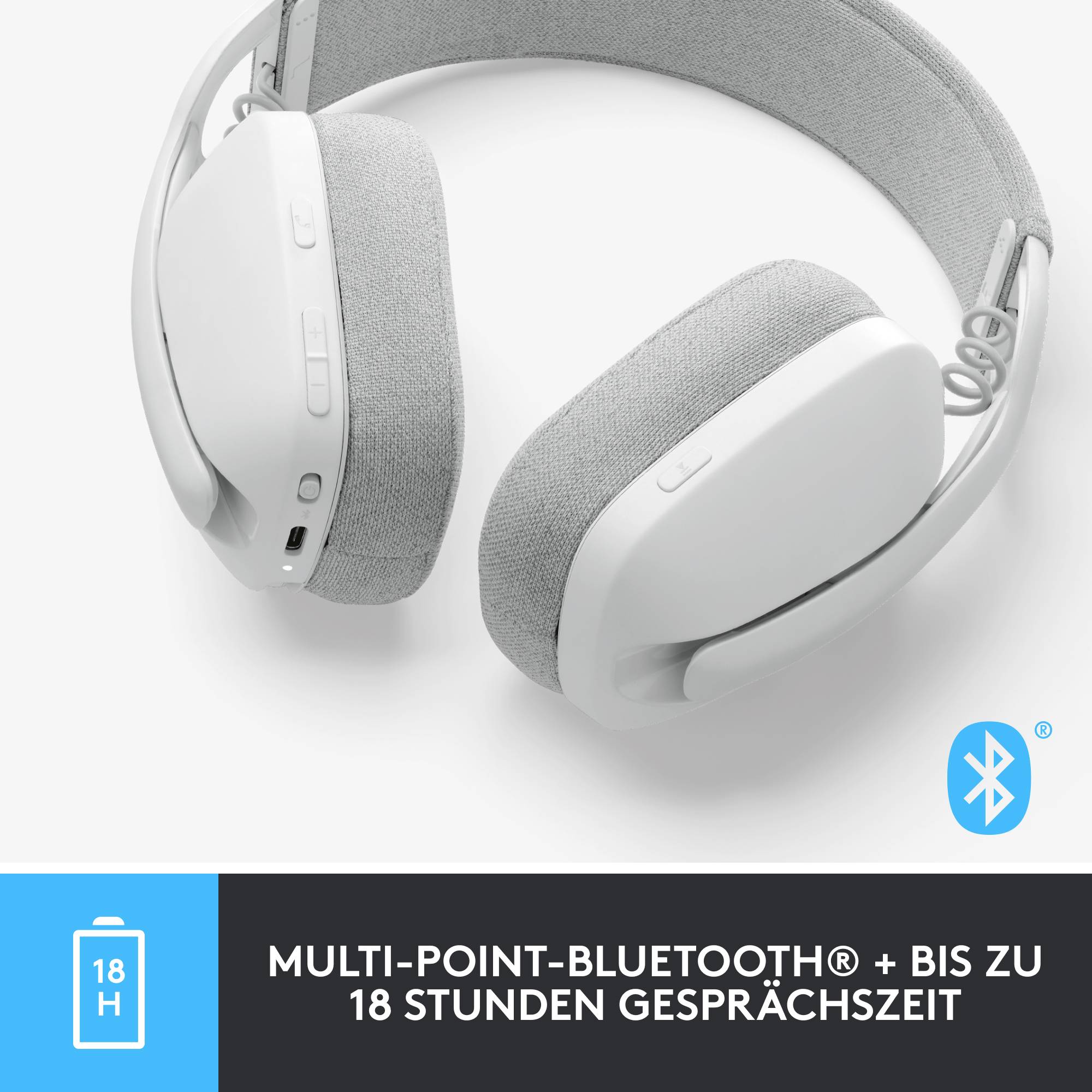 Białe słuchawki z szarymi poduszkami z tkaniny, obsługujące Bluetooth® Multi-Point, oferujące do 18 godzin czasu rozmów.