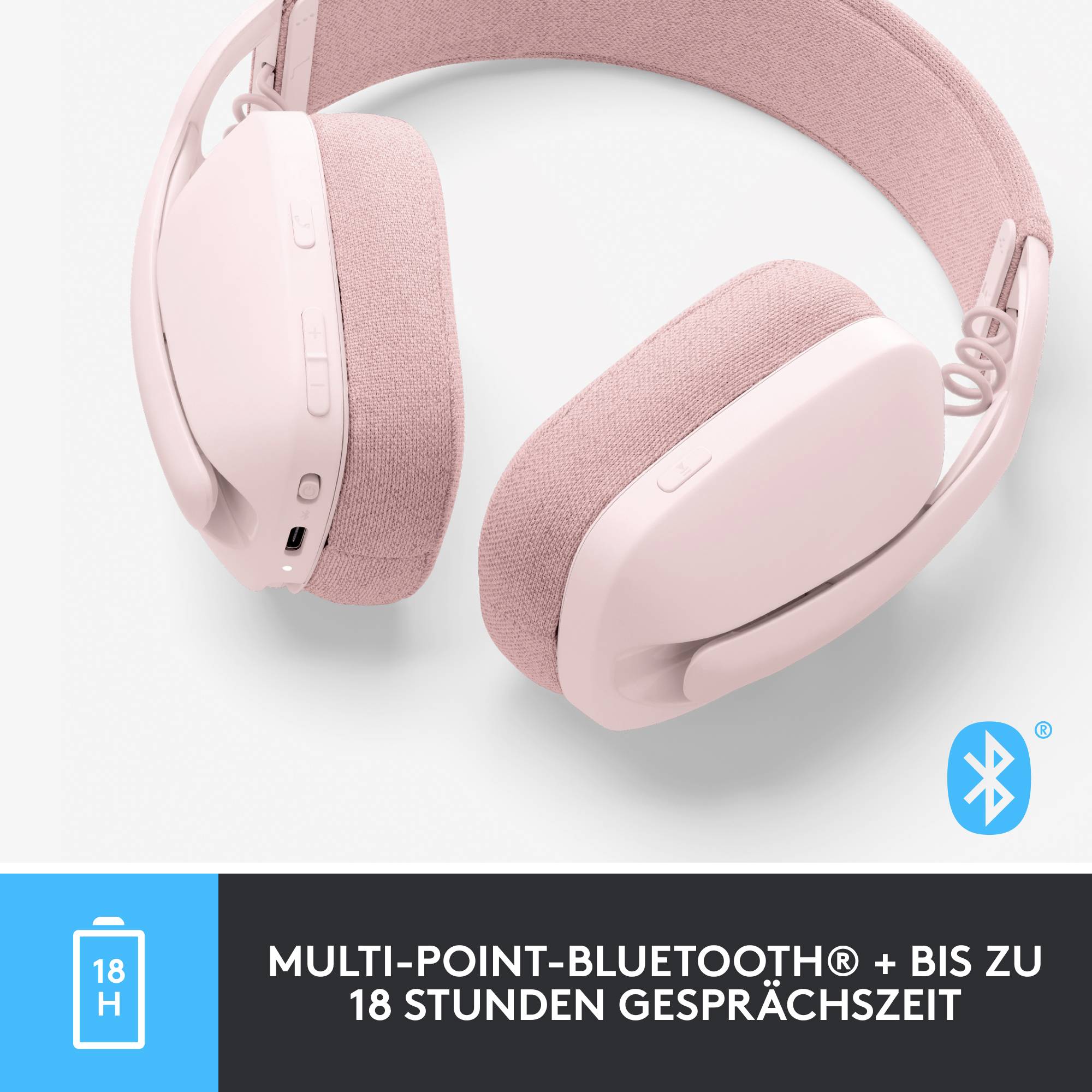 Różowe słuchawki Bluetooth z funkcją Multi-Point, oferujące do 18 godzin czasu rozmów.